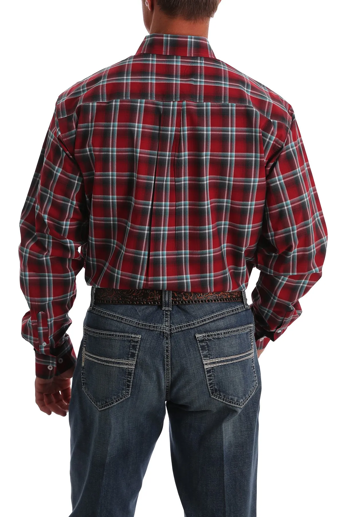 Cinch Men's Long Sleeve Button Down Red Plaid Shirt