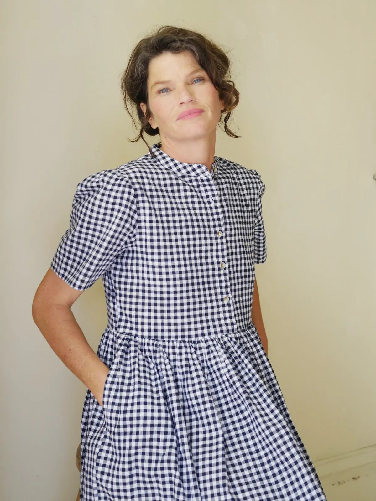 Collarless Dress - Navy Gingham