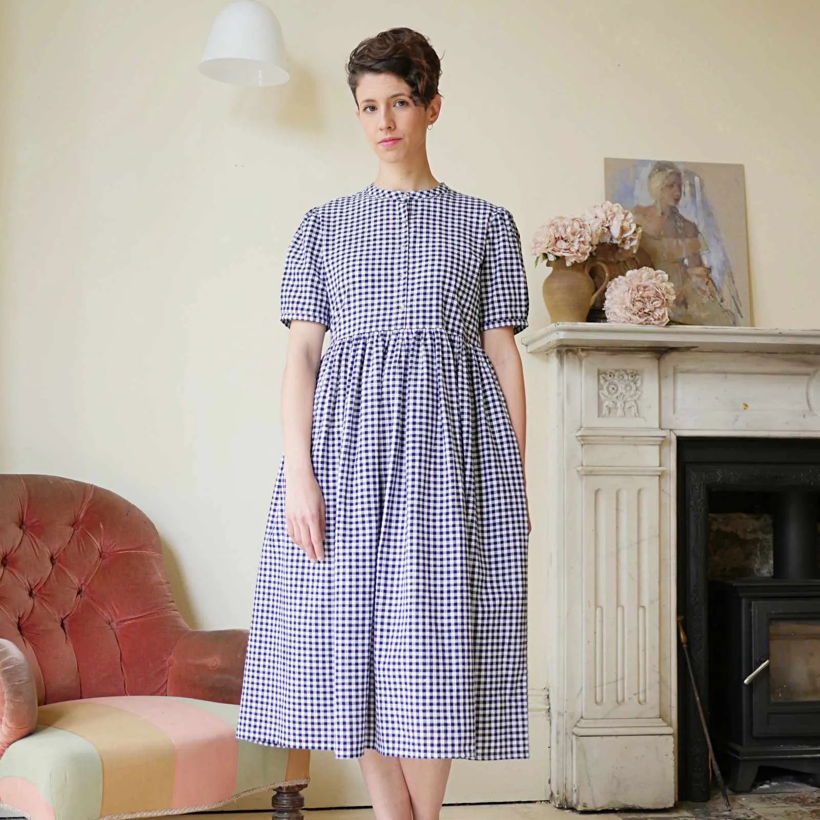 Collarless Dress - Navy Gingham