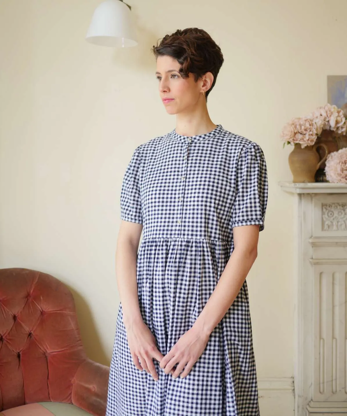 Collarless Dress - Navy Gingham