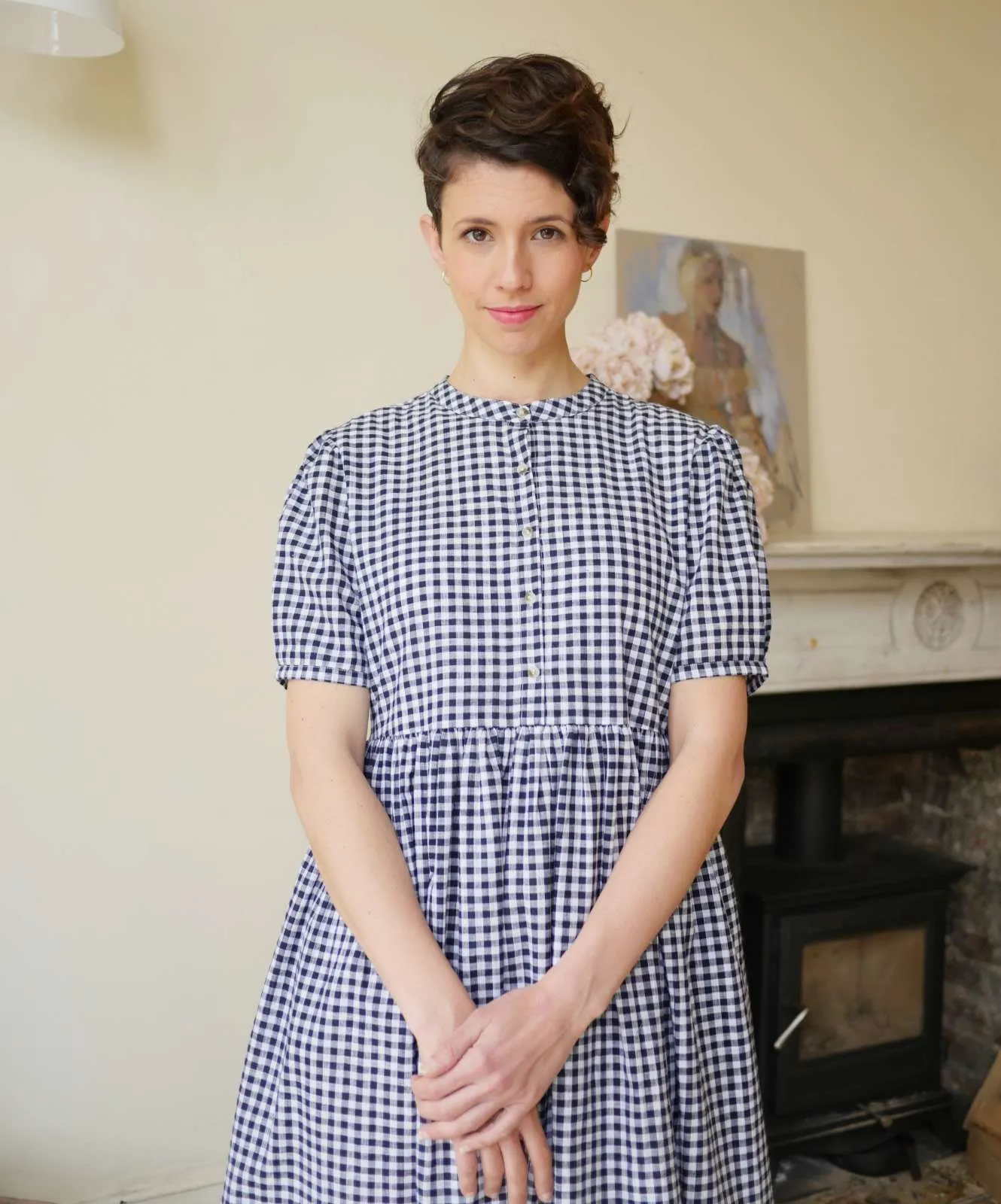 Collarless Dress - Navy Gingham