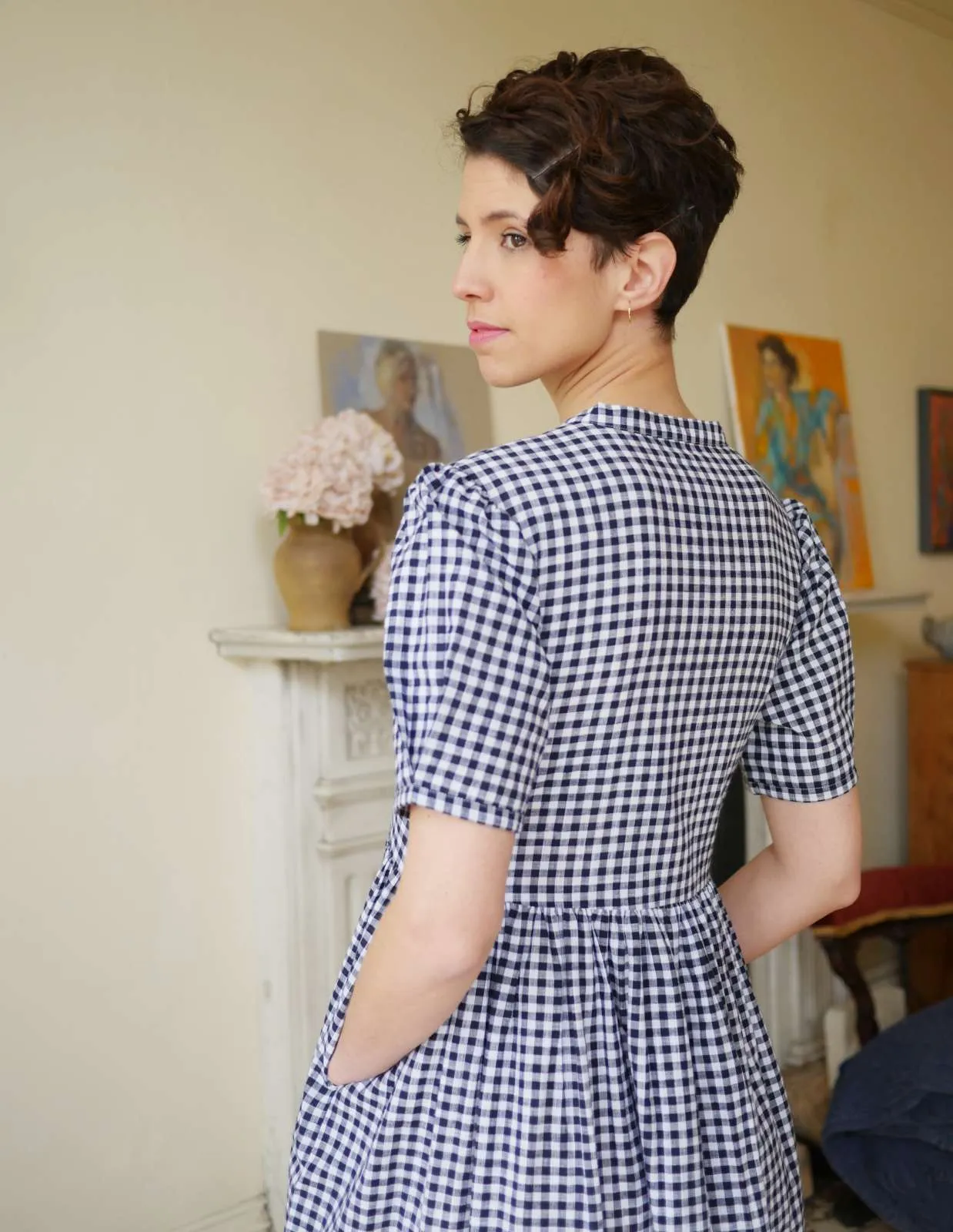 Collarless Dress - Navy Gingham