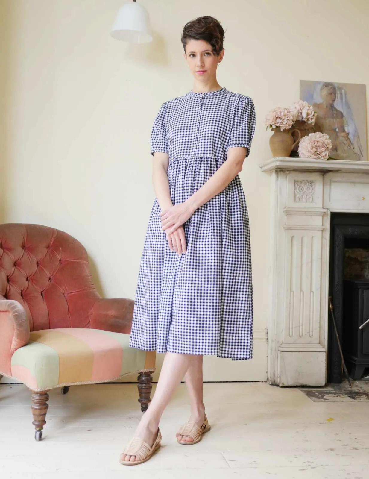 Collarless Dress - Navy Gingham