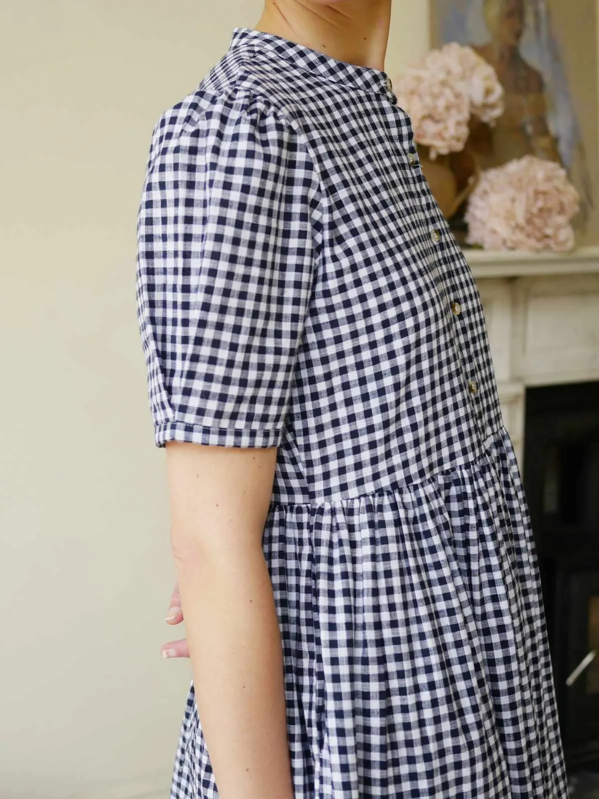 Collarless Dress - Navy Gingham