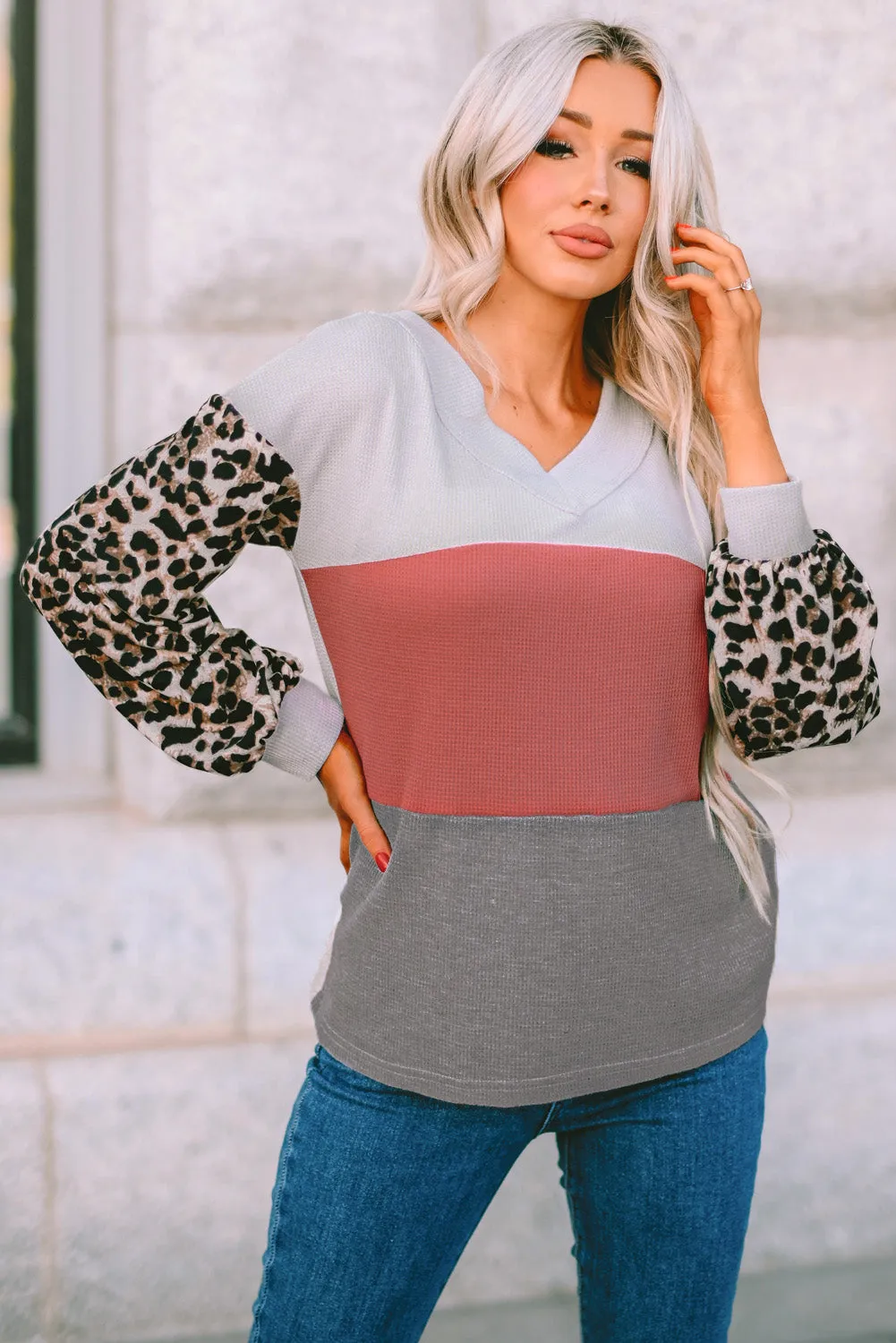 Contrast Sleeve Waffle Knit Top