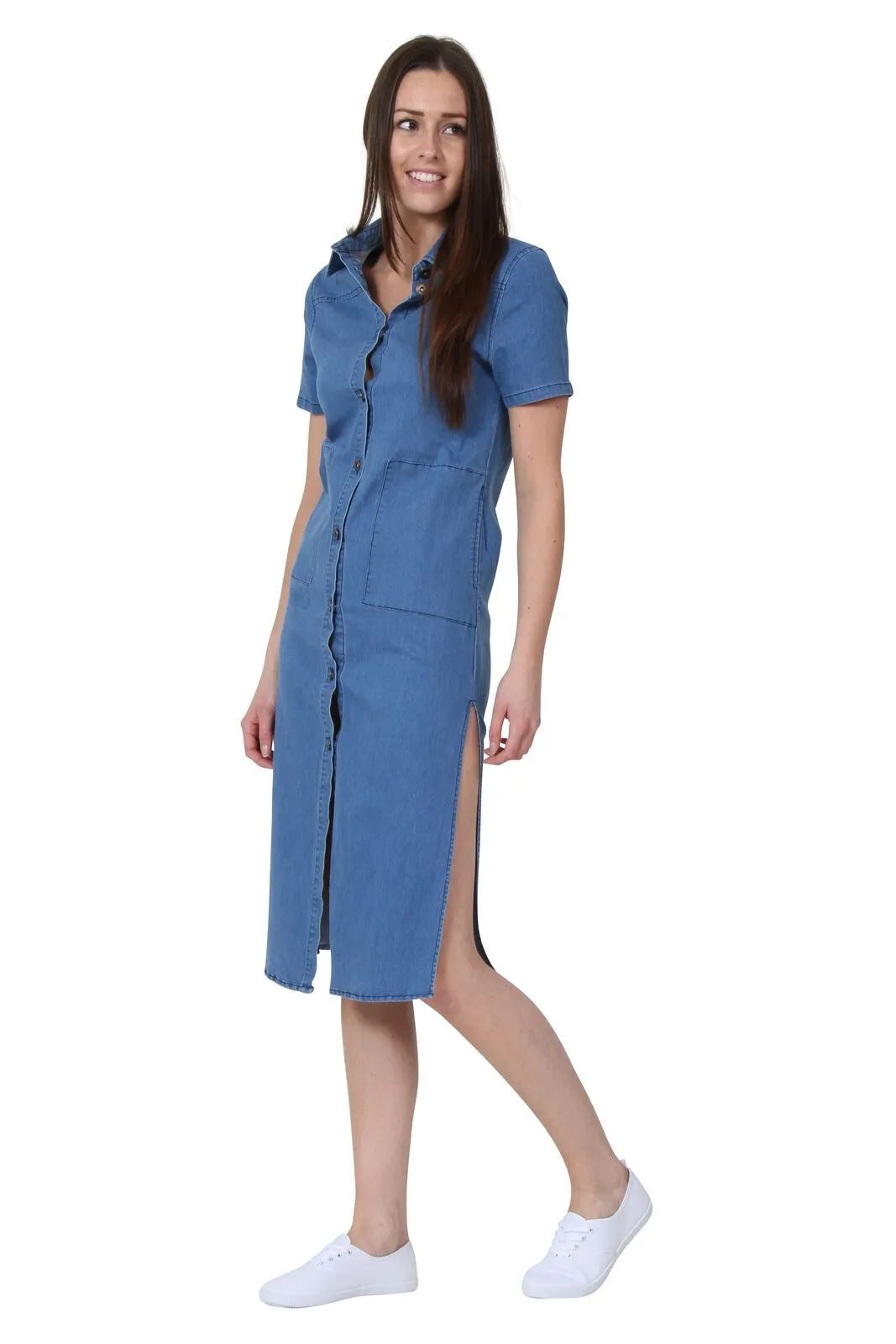 Denim Dress Button front Jean Dress with Side Splits