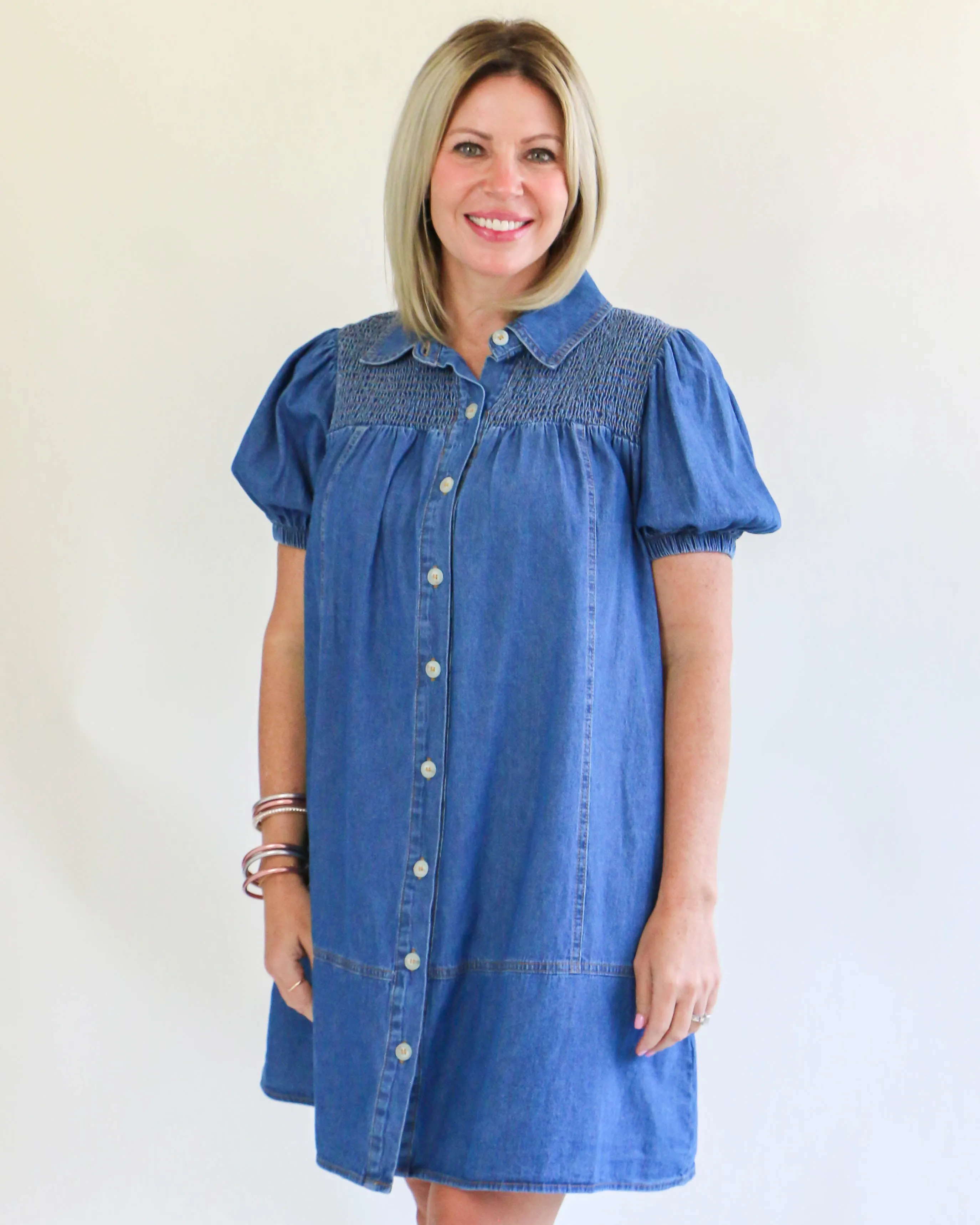 Denim Smocked Mini Dress