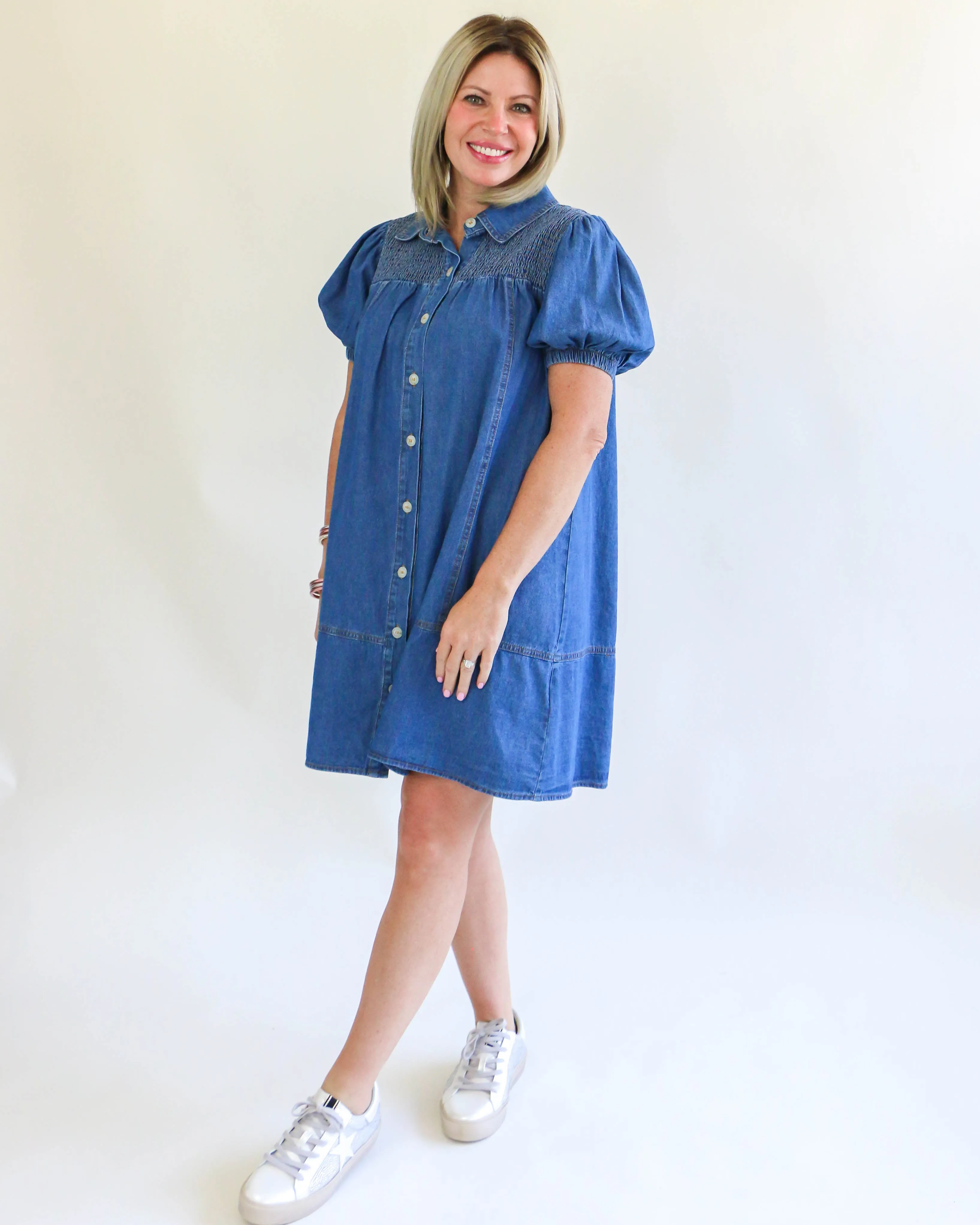 Denim Smocked Mini Dress