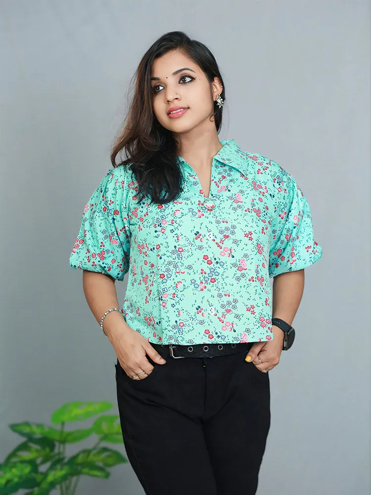 Elegant Breeze: Women's Chiffon Short Top with Round Neck and Puff Sleeves - Only ₹279!