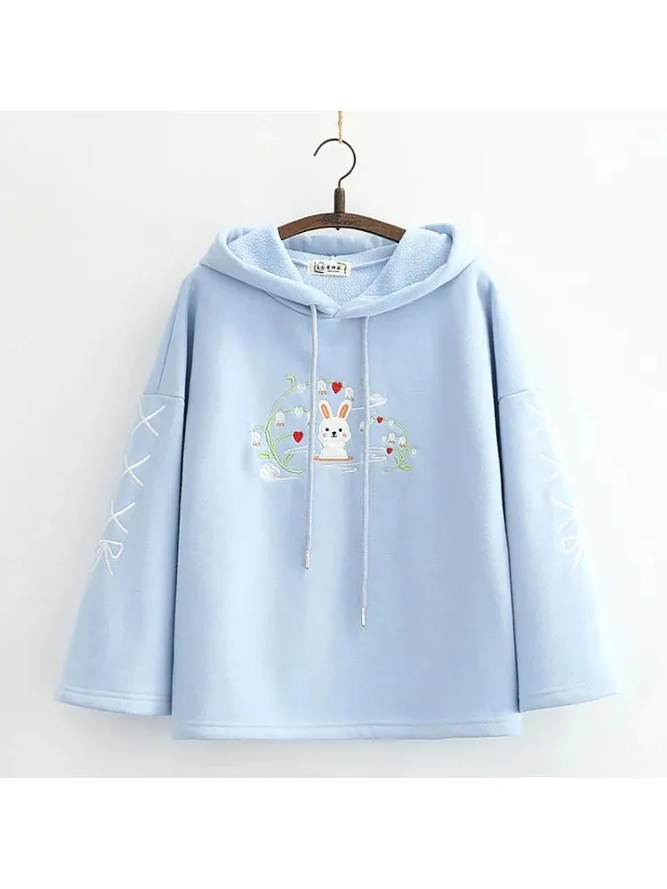 Fleece Thick Women Hoodies And Sweatshirts Cartoon Rabbit Embroidery Winter Flare Sleeve Kawaii Pullover Tracksuits