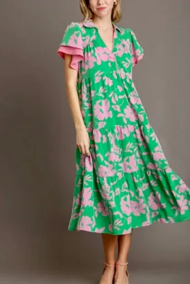 Floral A-Line Tiered Floral Print Midi Dress- Green