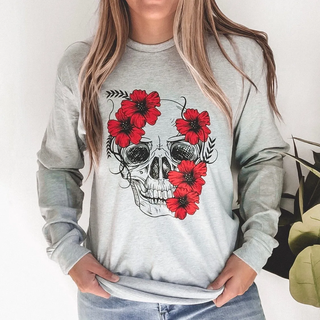 Floral Skull • Gray Long Sleeved