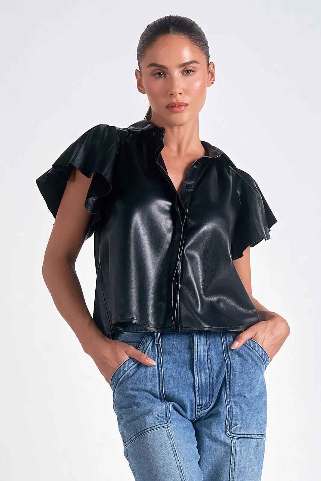 Flutter Sleeve Faux Leather Top