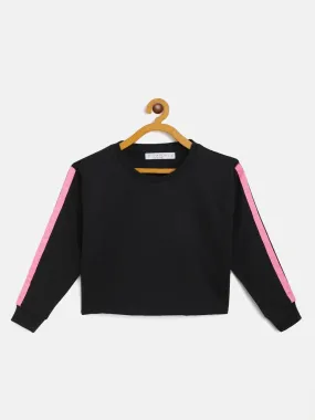 Girls Black Terry Shoulder Tape Crop Sweatshirt