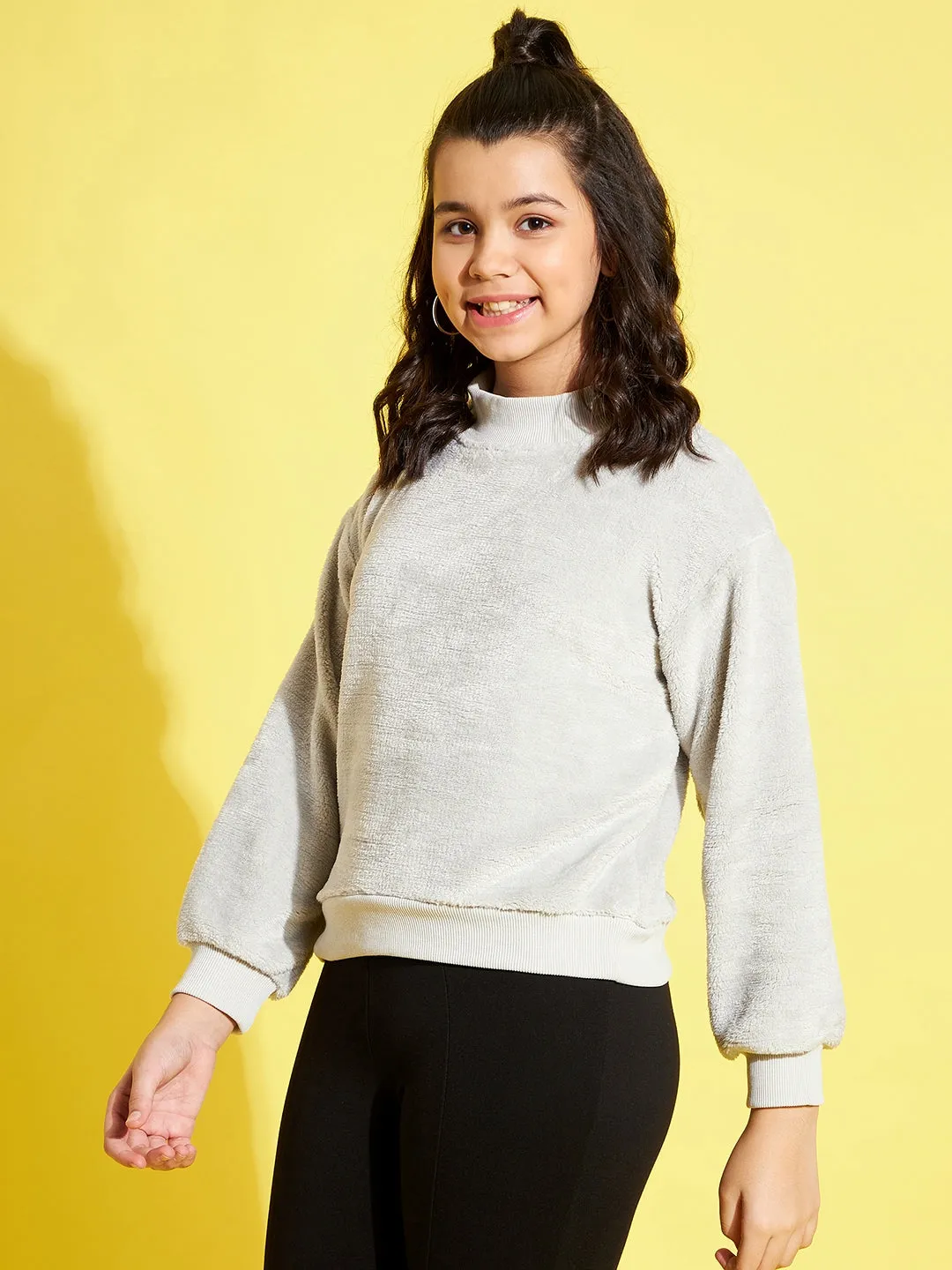 Girls Grey Fur High Neck Regular Sweatshirt