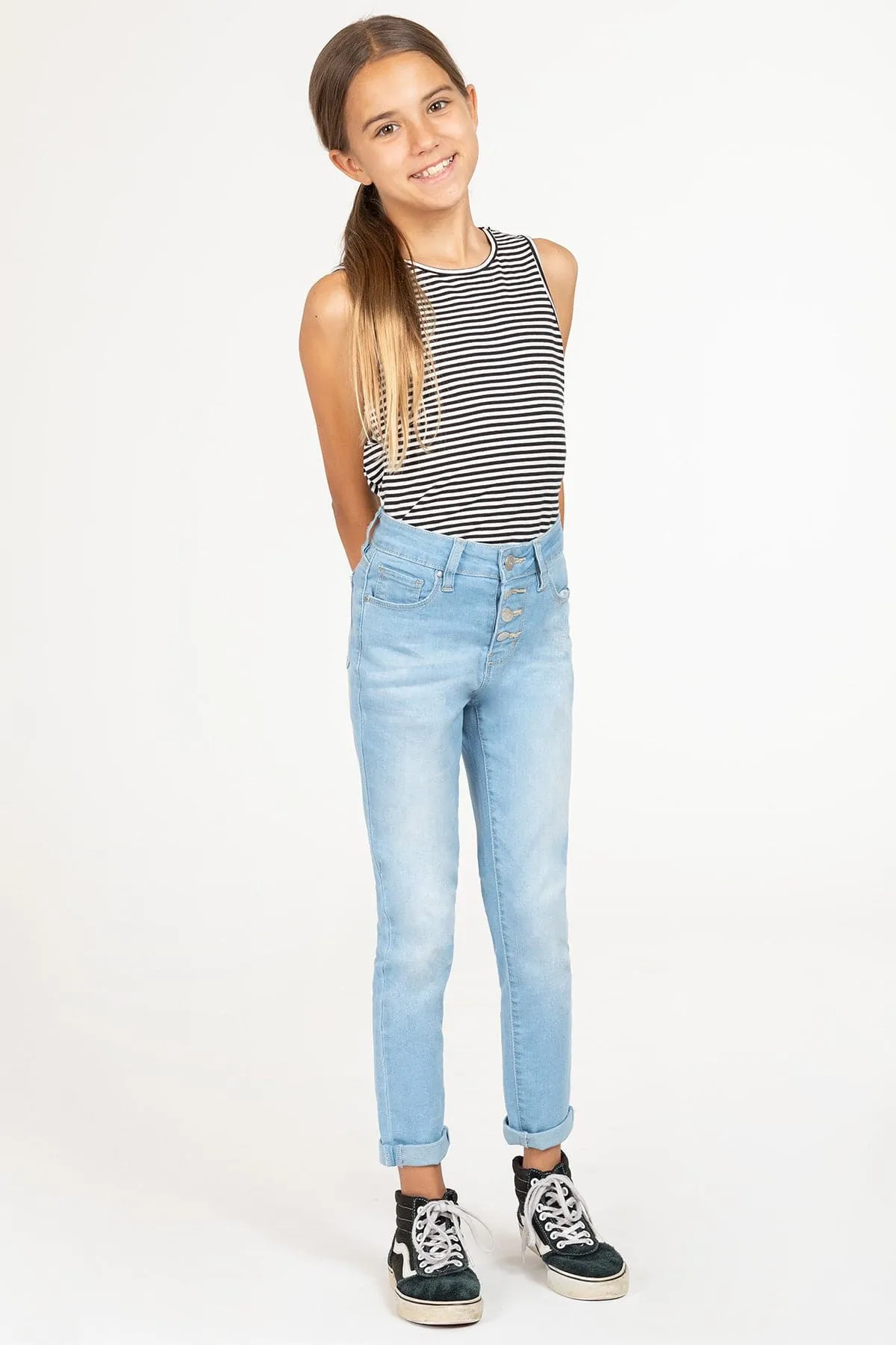 Girls High-Waisted Button-Fly Denim Ankle Jeans with Rolled Cuffs