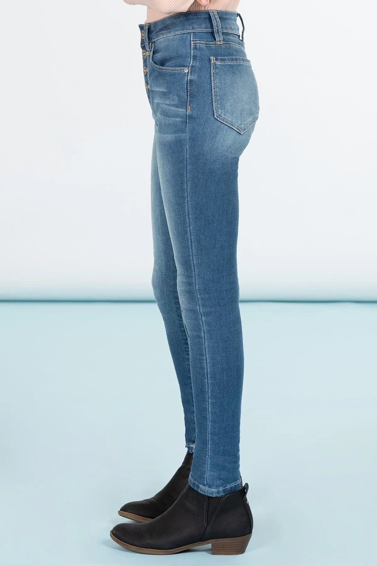 Girls High-Waisted Button-Fly Denim Ankle Jeans with Rolled Cuffs