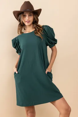 GREEN BALLOON SHORT SLEEVE MINI DRESS WITH POCKETS