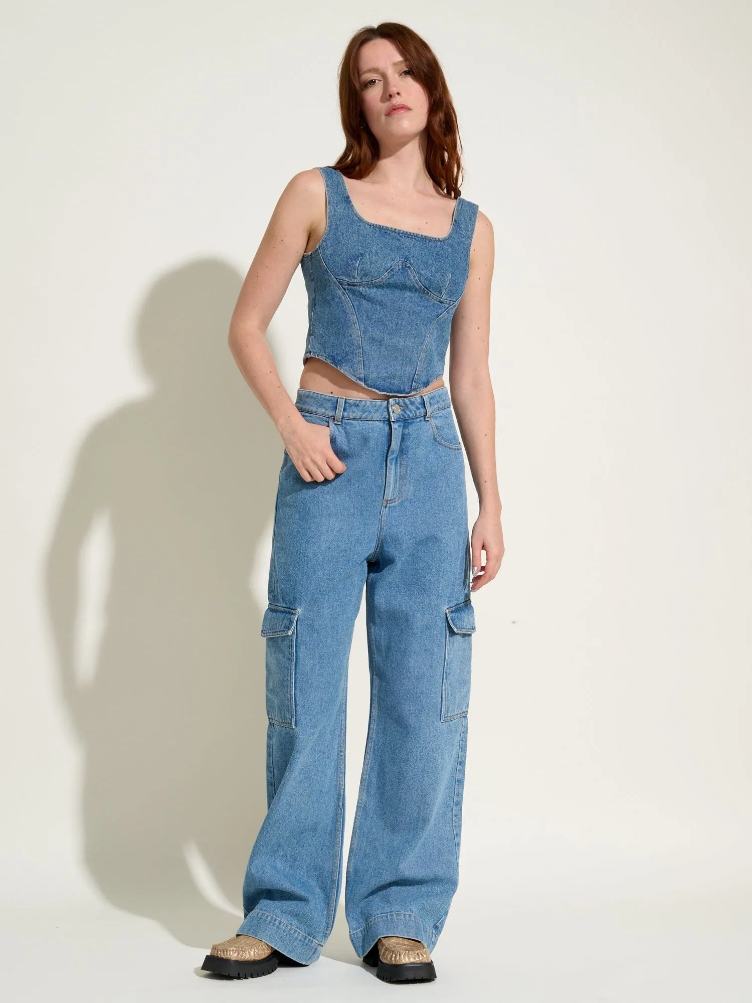 HEALY - Jean cargo en denim délavé Oeko-Tex Bleu