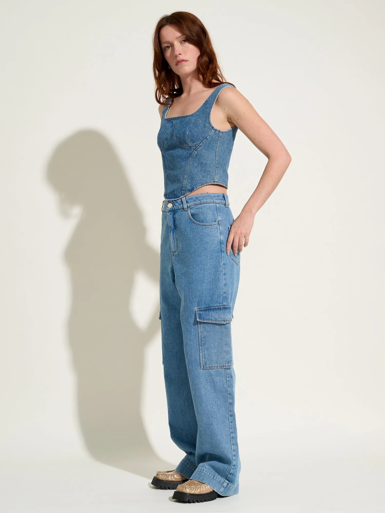 HEALY - Jean cargo en denim délavé Oeko-Tex Bleu