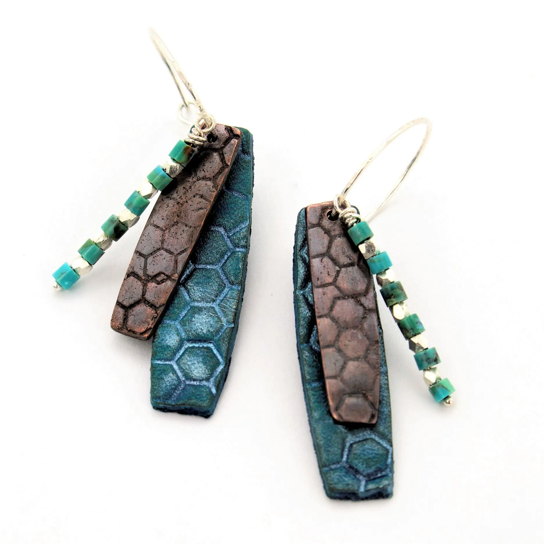 Honeycomb Leather and Copper with Turquoise and Sterling Silver Bead Earrings