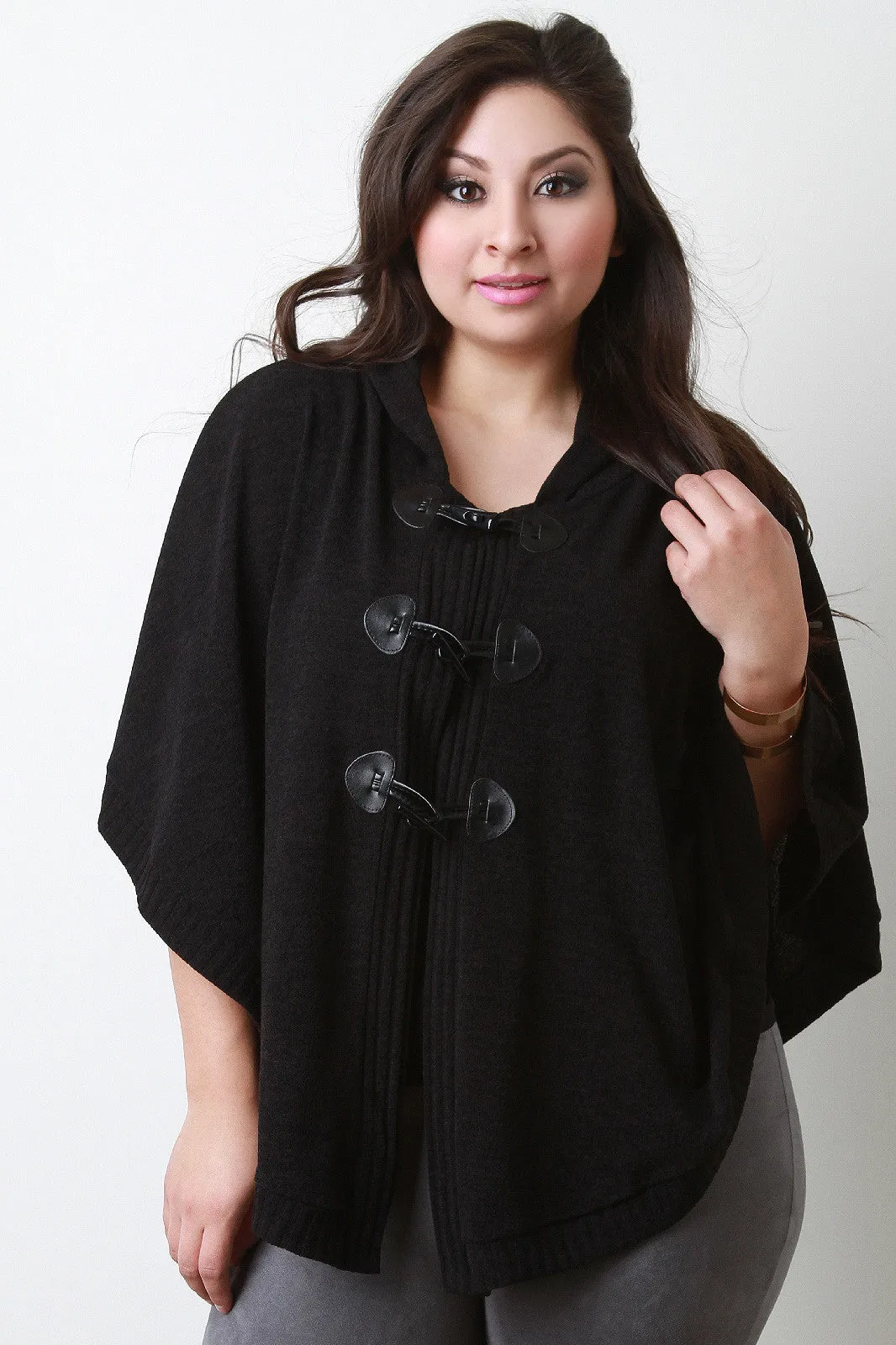 Hooded Knit Toggle Poncho