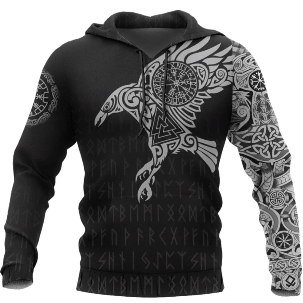 Hoodie Viking "Corbeau Majestueux - Symboles Sacrés d'Odin"