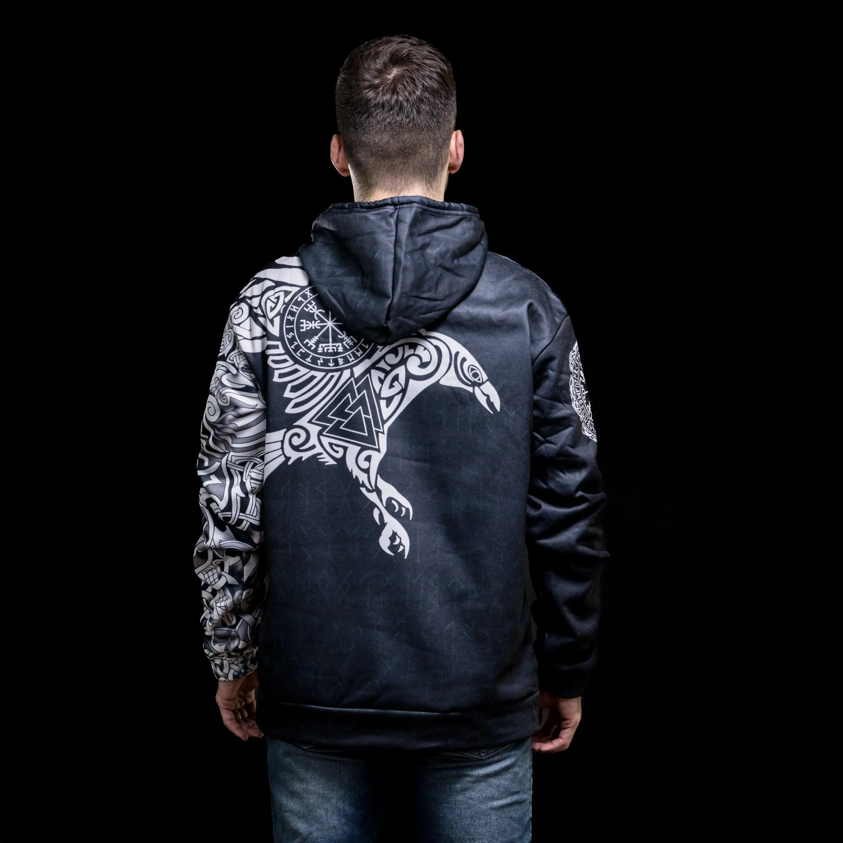 Hoodie Viking "Corbeau Majestueux - Symboles Sacrés d'Odin"