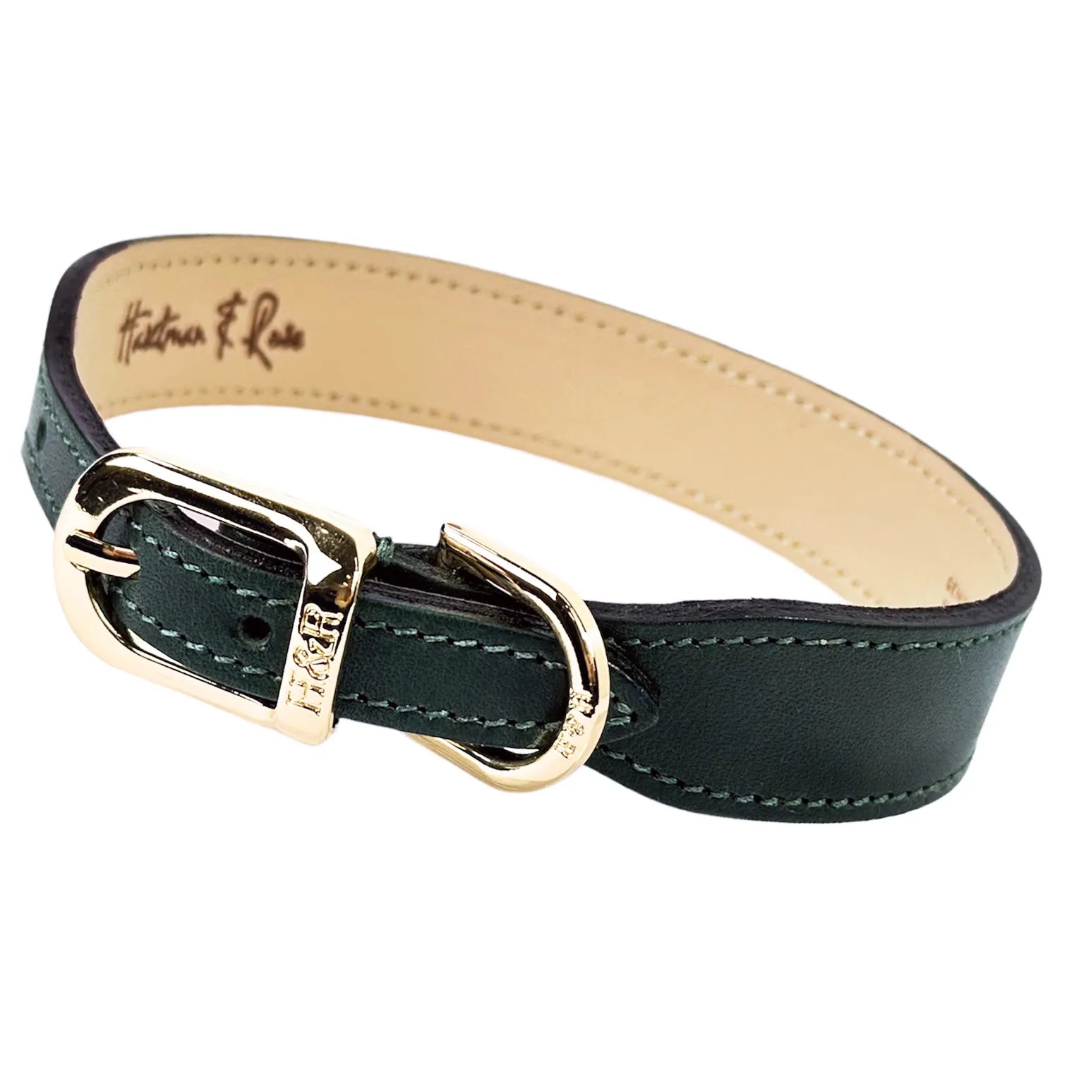 Italian Ivy Green Leather Dog Collar in Gold