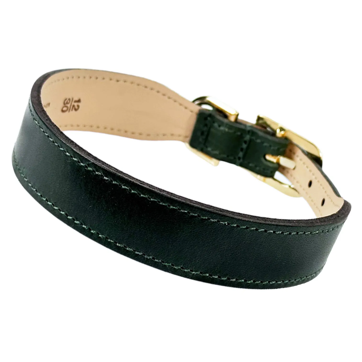 Italian Ivy Green Leather Dog Collar in Gold