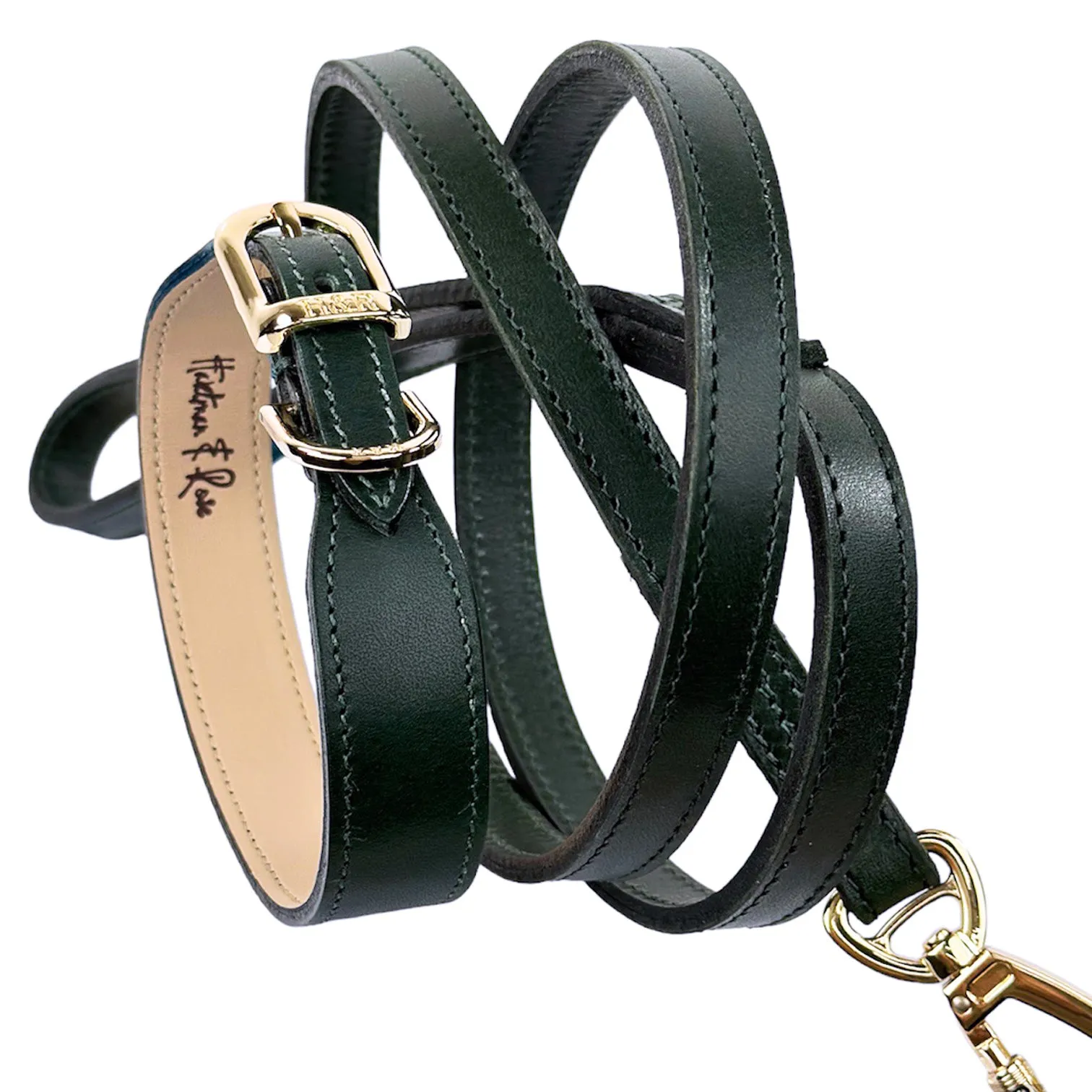 Italian Ivy Green Leather Dog Collar in Gold