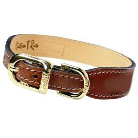 Italian Rich Brown Leather Dog Collar in Gold