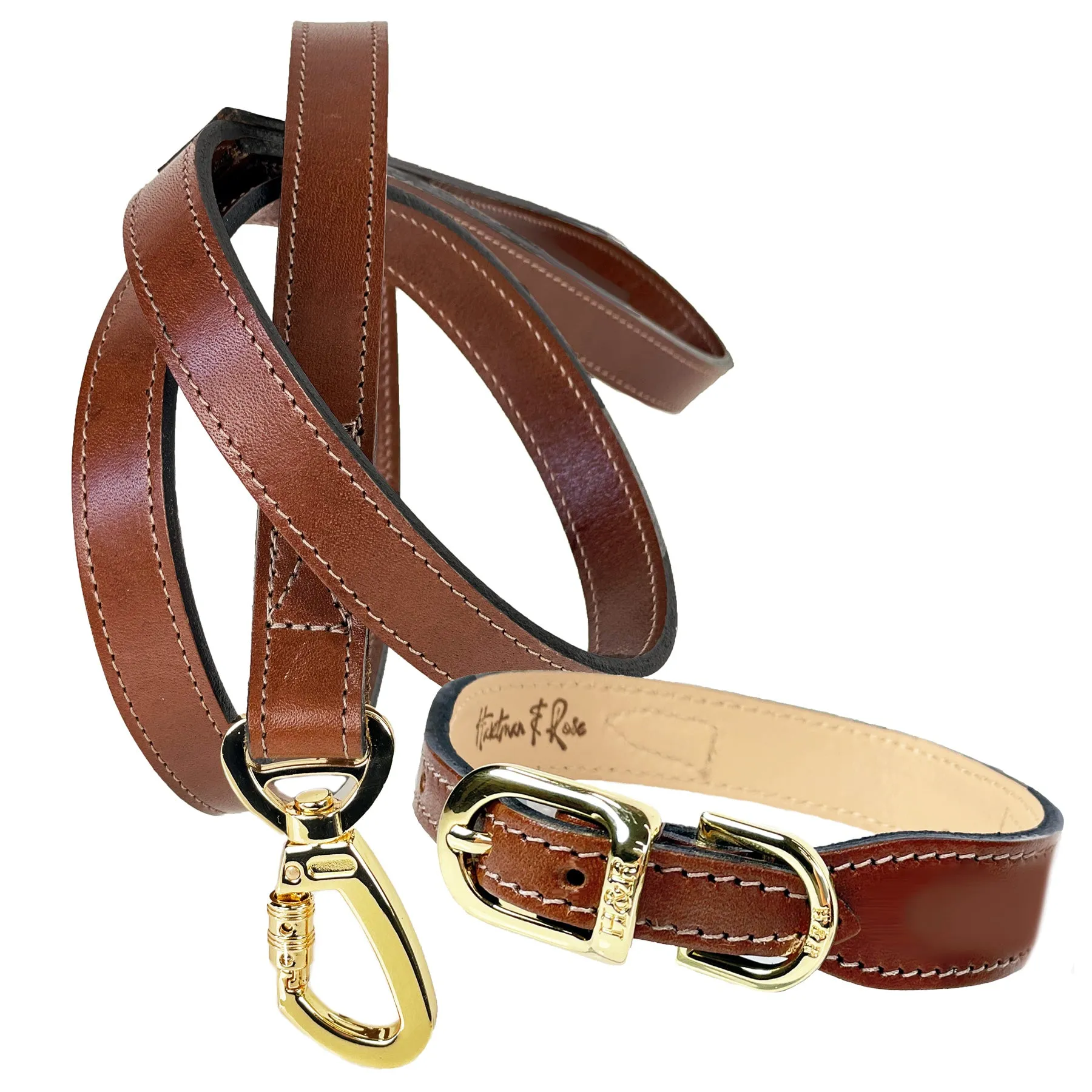 Italian Rich Brown Leather Dog Collar in Gold