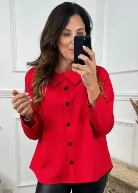 Janette Red Button Detail Top