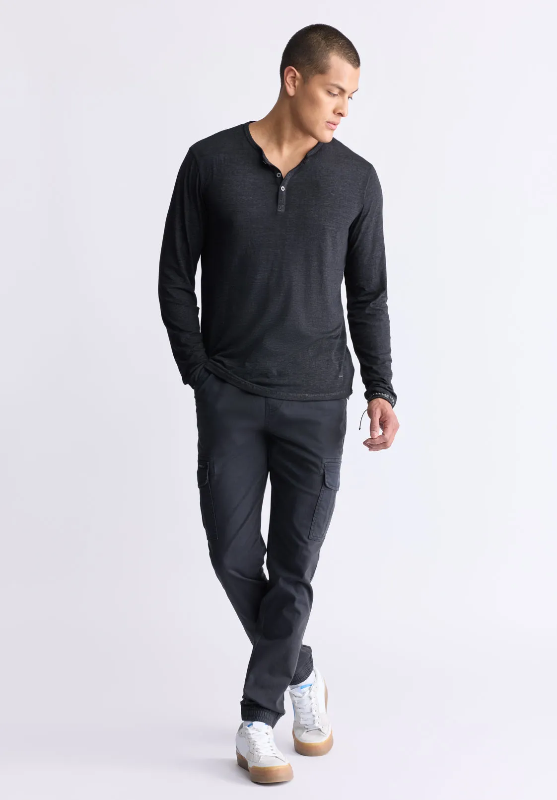 Kaduk Men's Long-Sleeve Burnout Henley Top, Black - BM24237