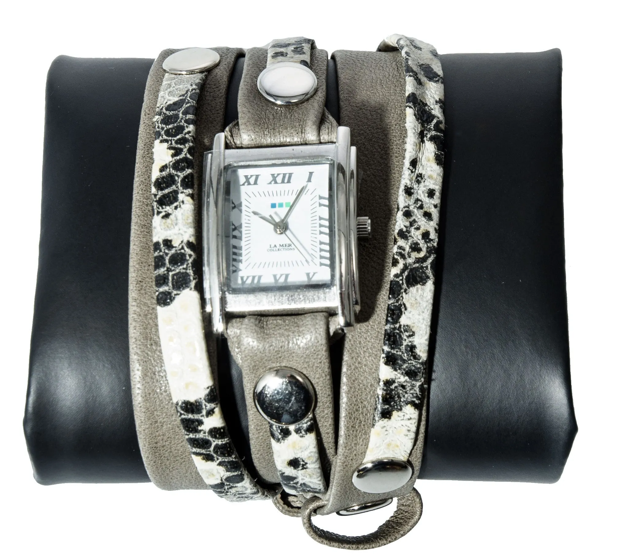 La Mer Collections Watch - Snake Print/Cement Leather Wrap Bracelet