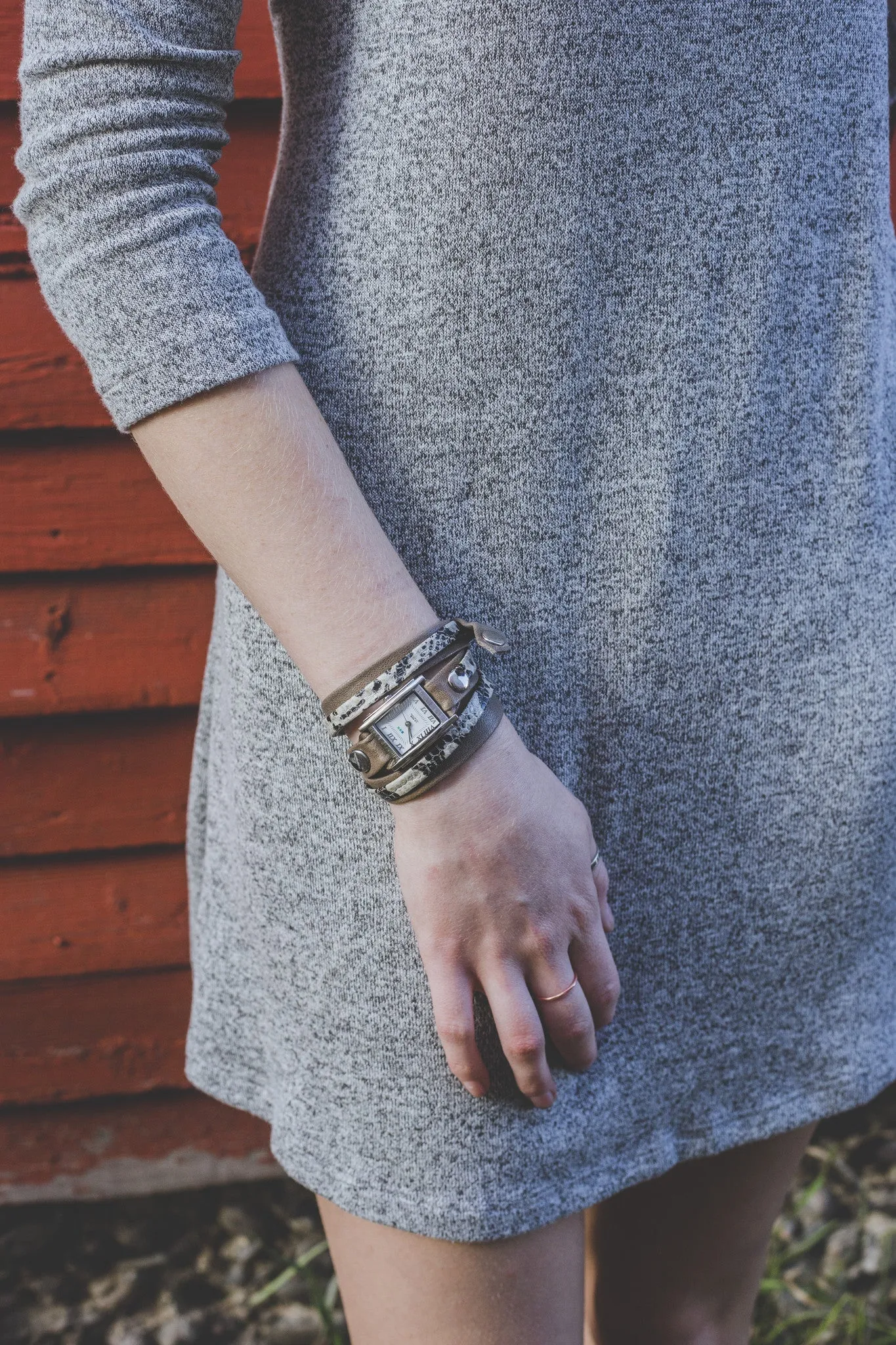 La Mer Collections Watch - Snake Print/Cement Leather Wrap Bracelet