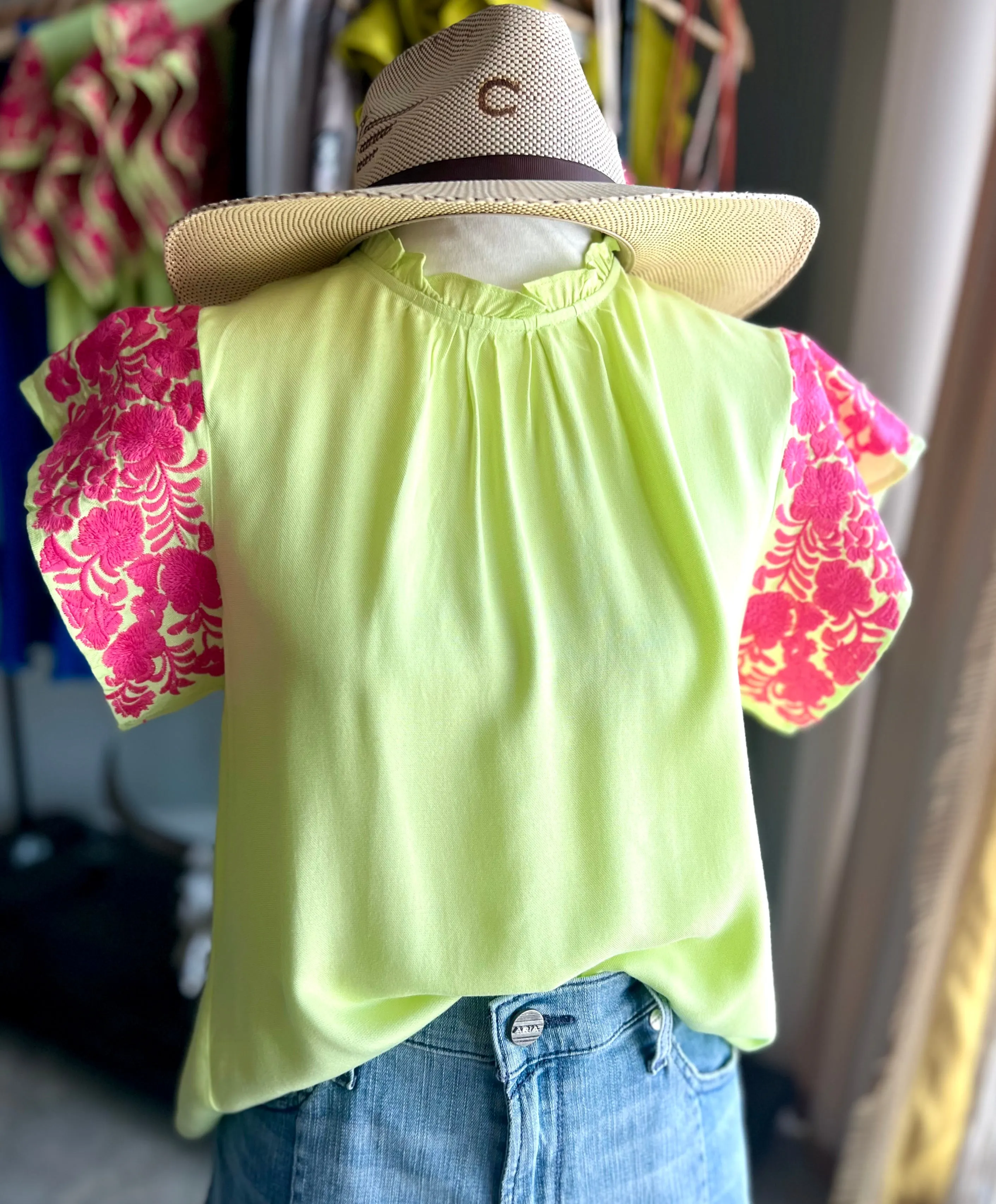 Lime and Pink Embroidered Flutter Sleeve Top