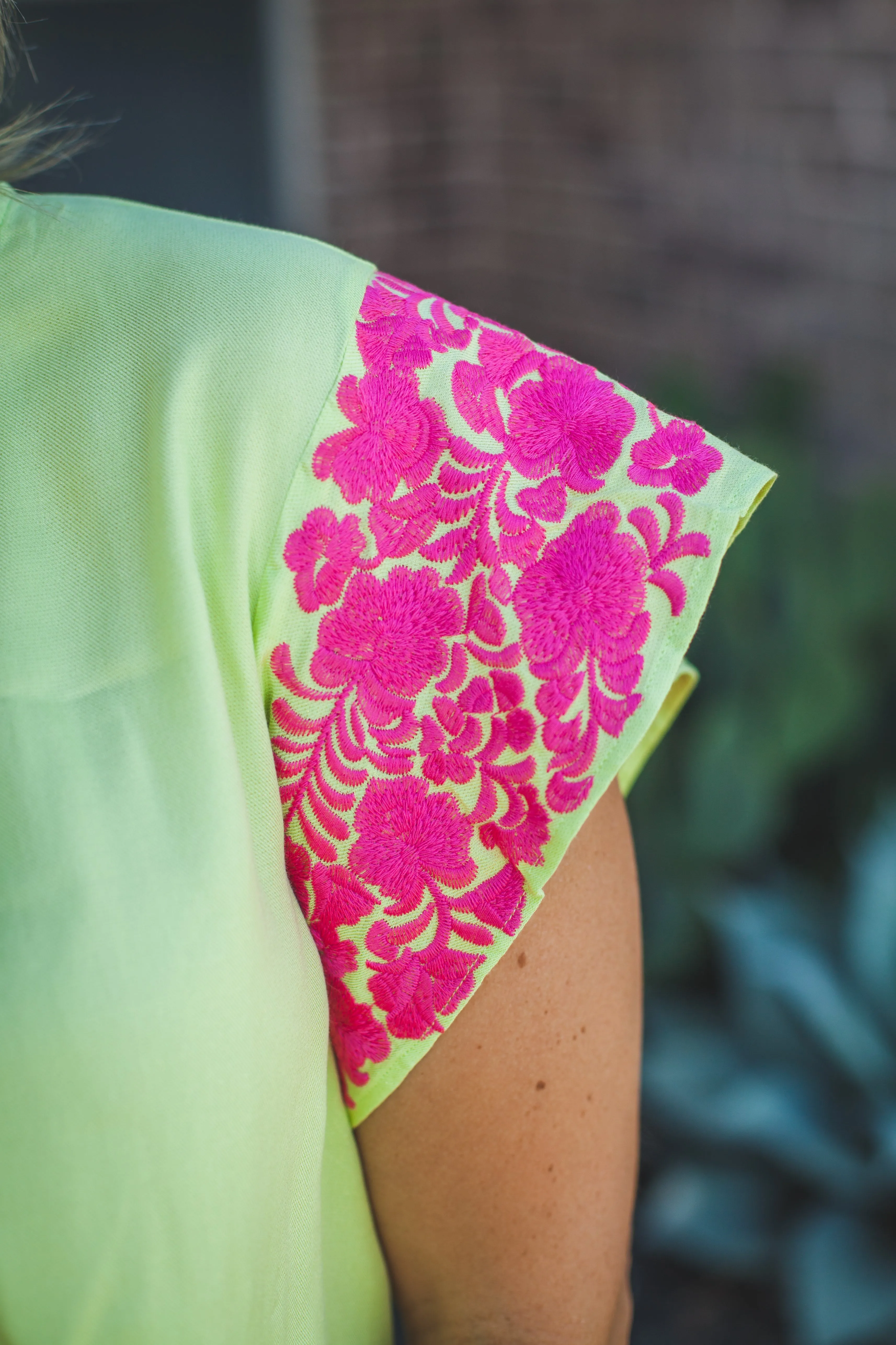 Lime and Pink Embroidered Flutter Sleeve Top