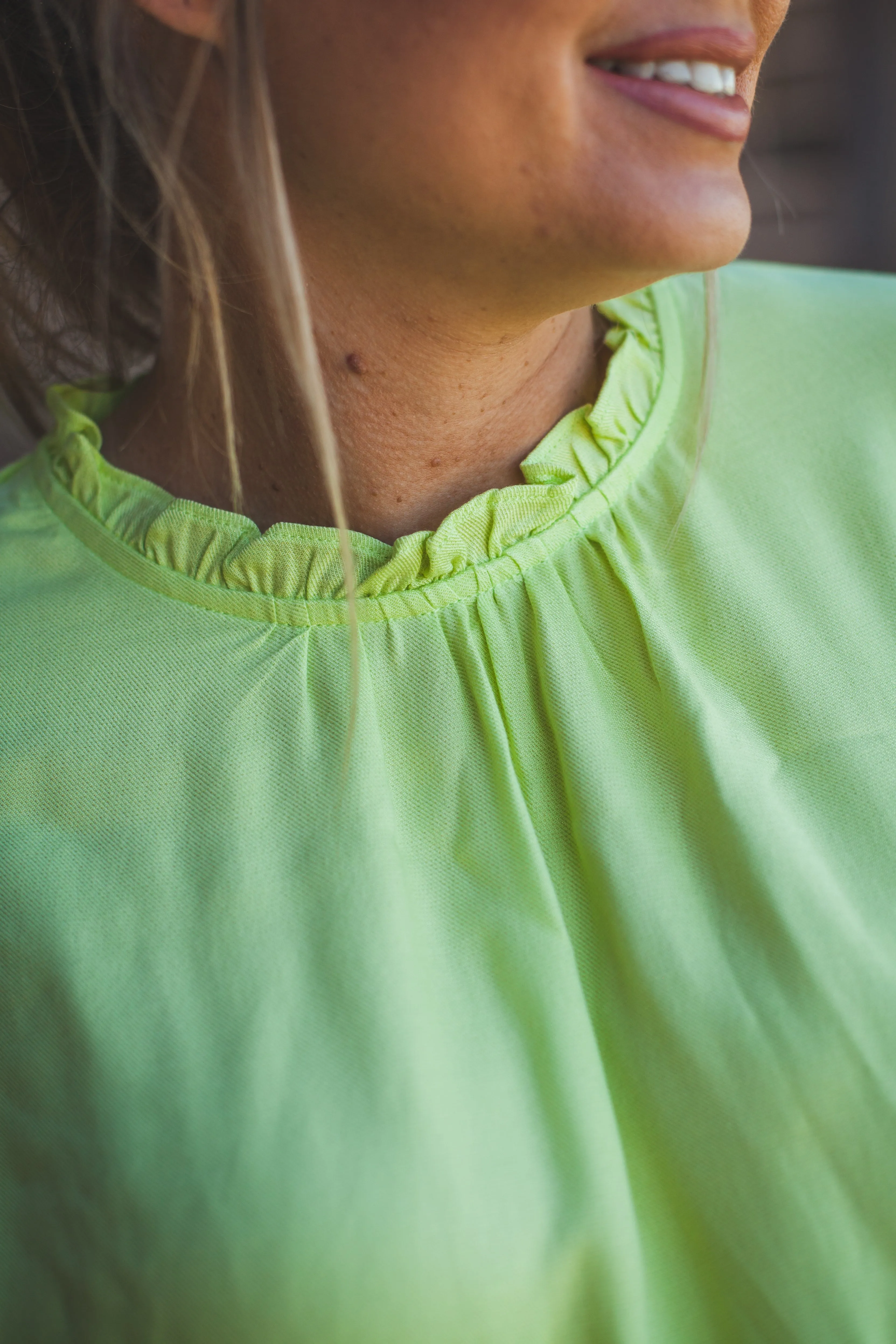 Lime and Pink Embroidered Flutter Sleeve Top