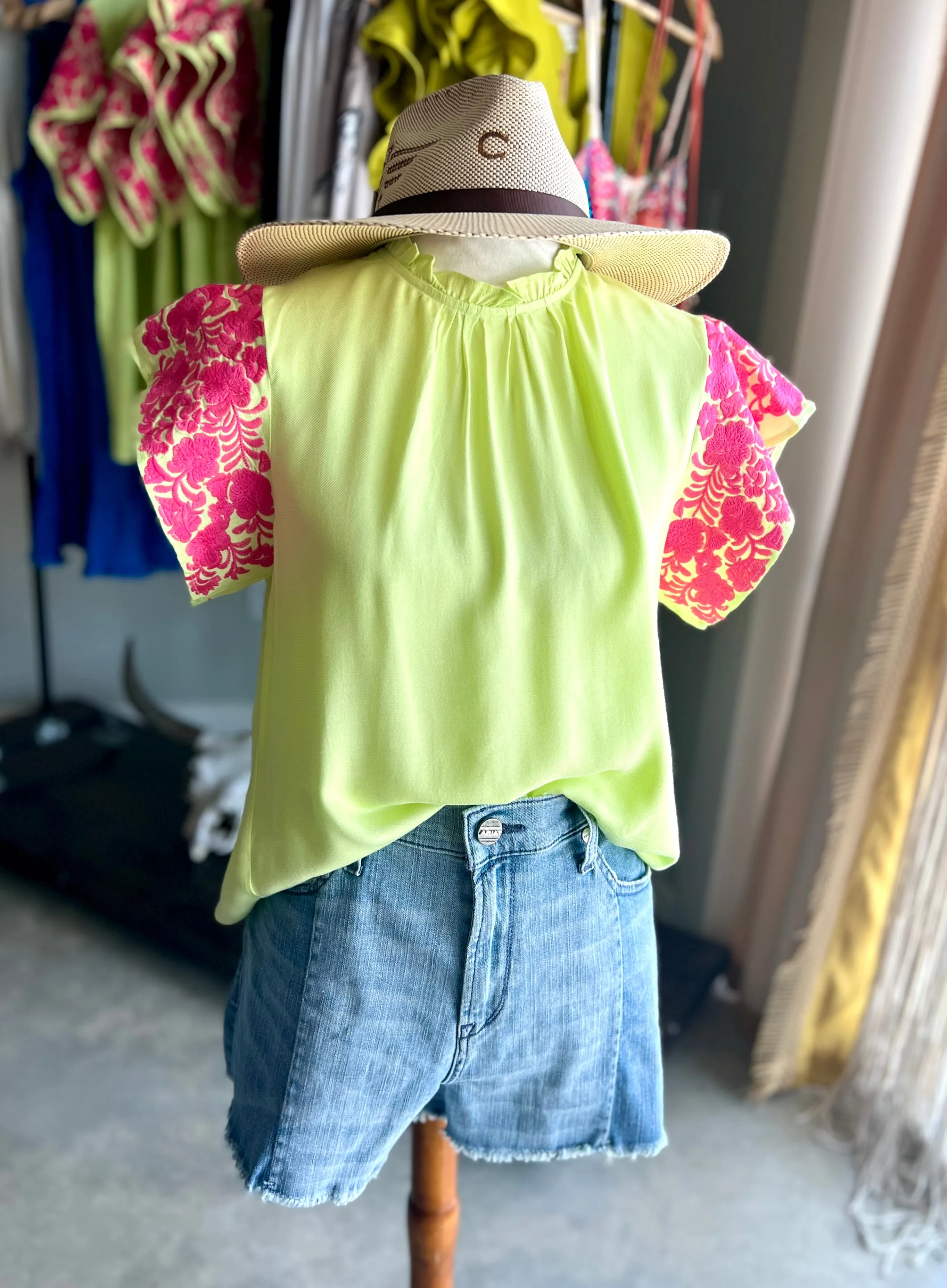 Lime and Pink Embroidered Flutter Sleeve Top