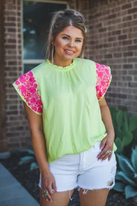 Lime and Pink Embroidered Flutter Sleeve Top