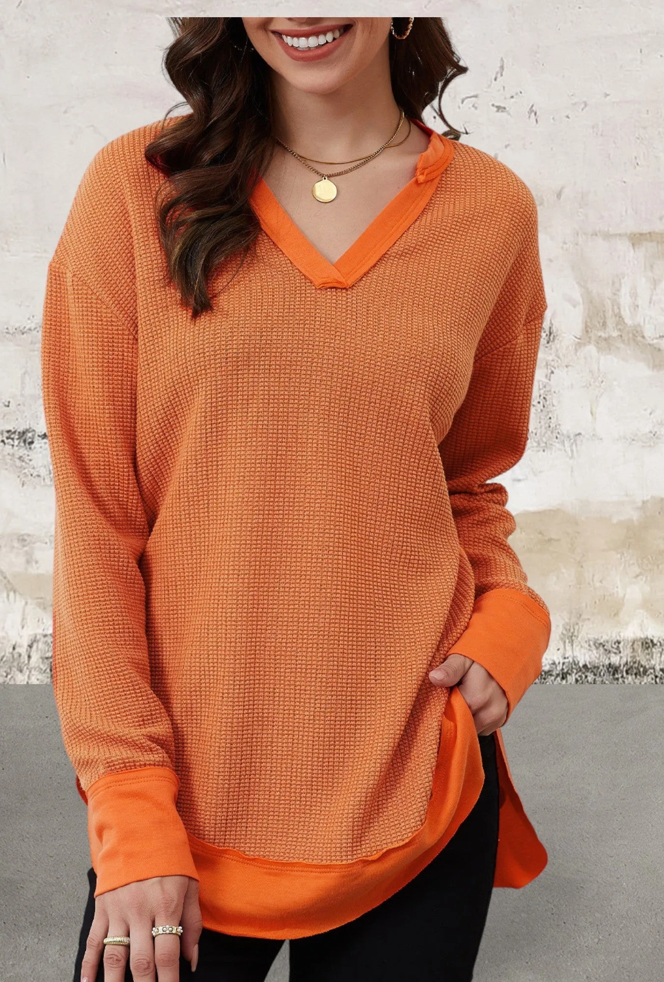 Long Sleeve Waffle Knit V Neck Top