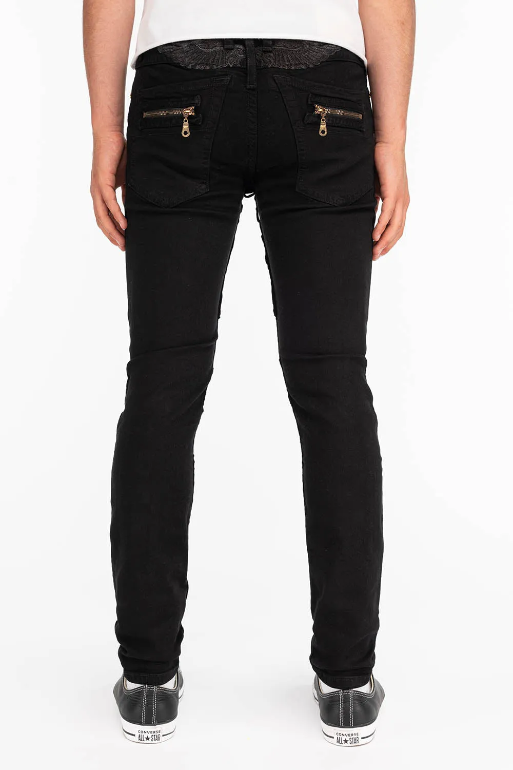 MENS NEW BIKER SKINNY JEANS IN PURE BLACK WITH GOLD WINGS