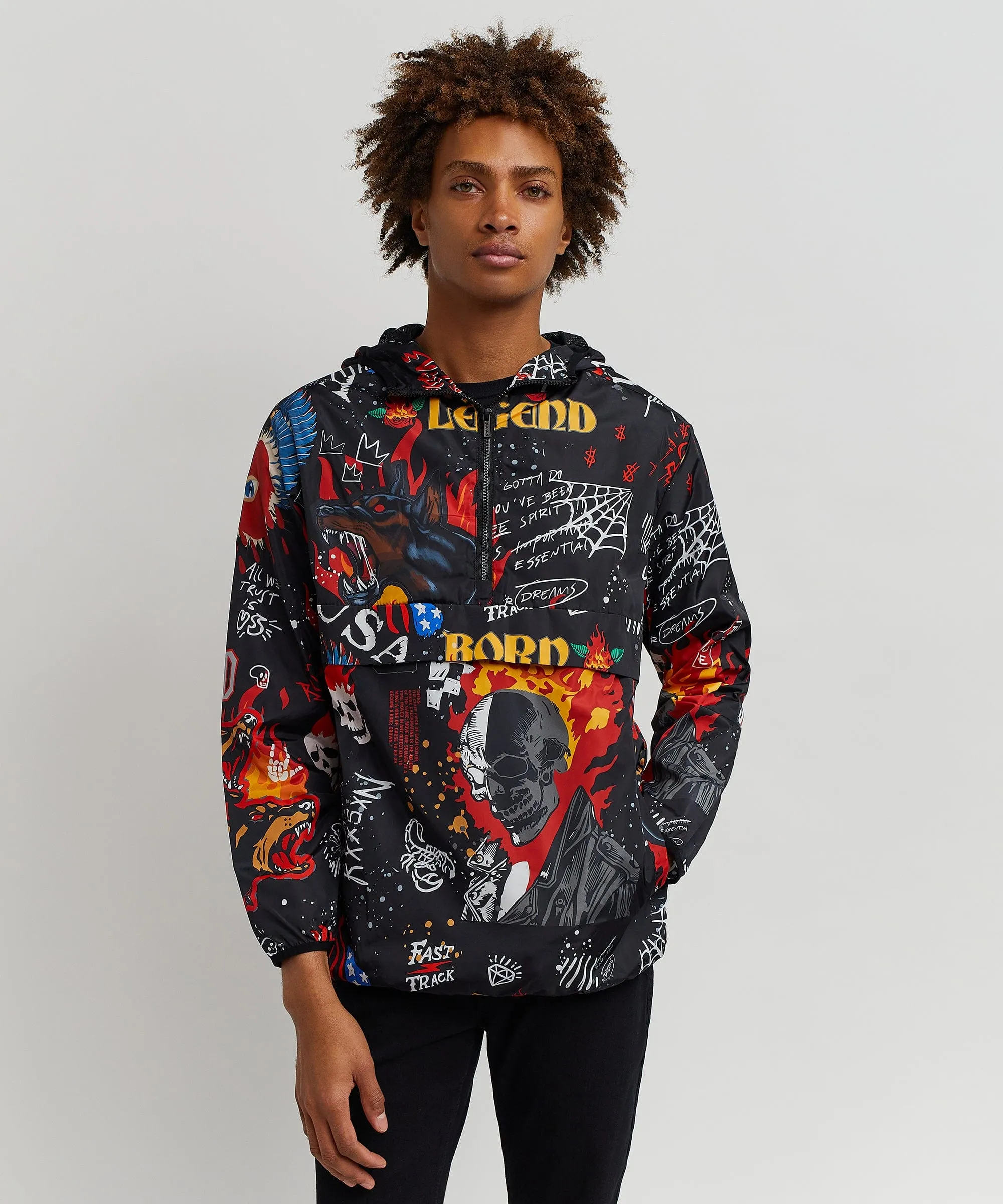 Move In Silence Flame Skull Print Half-Zip Anorak