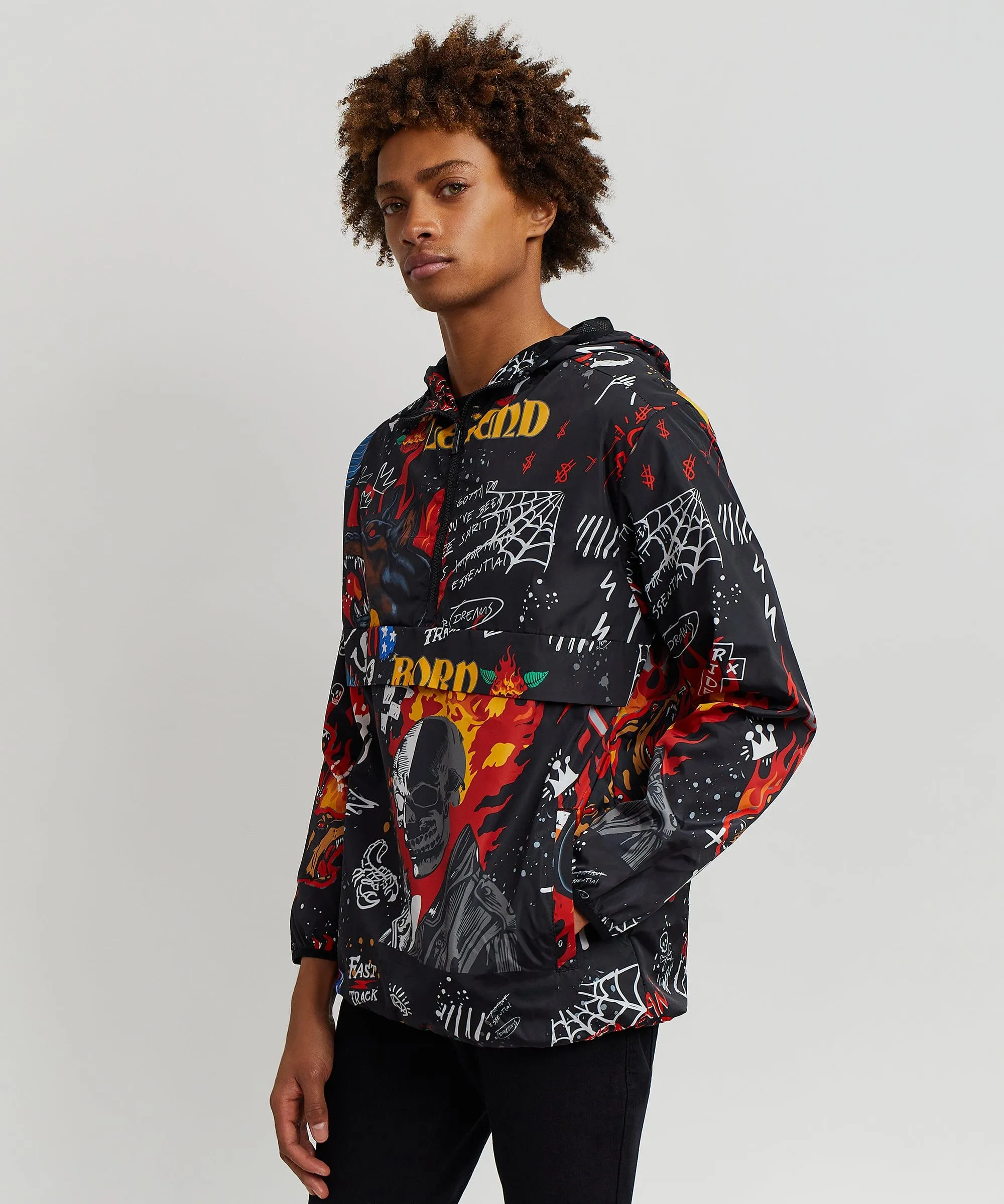 Move In Silence Flame Skull Print Half-Zip Anorak