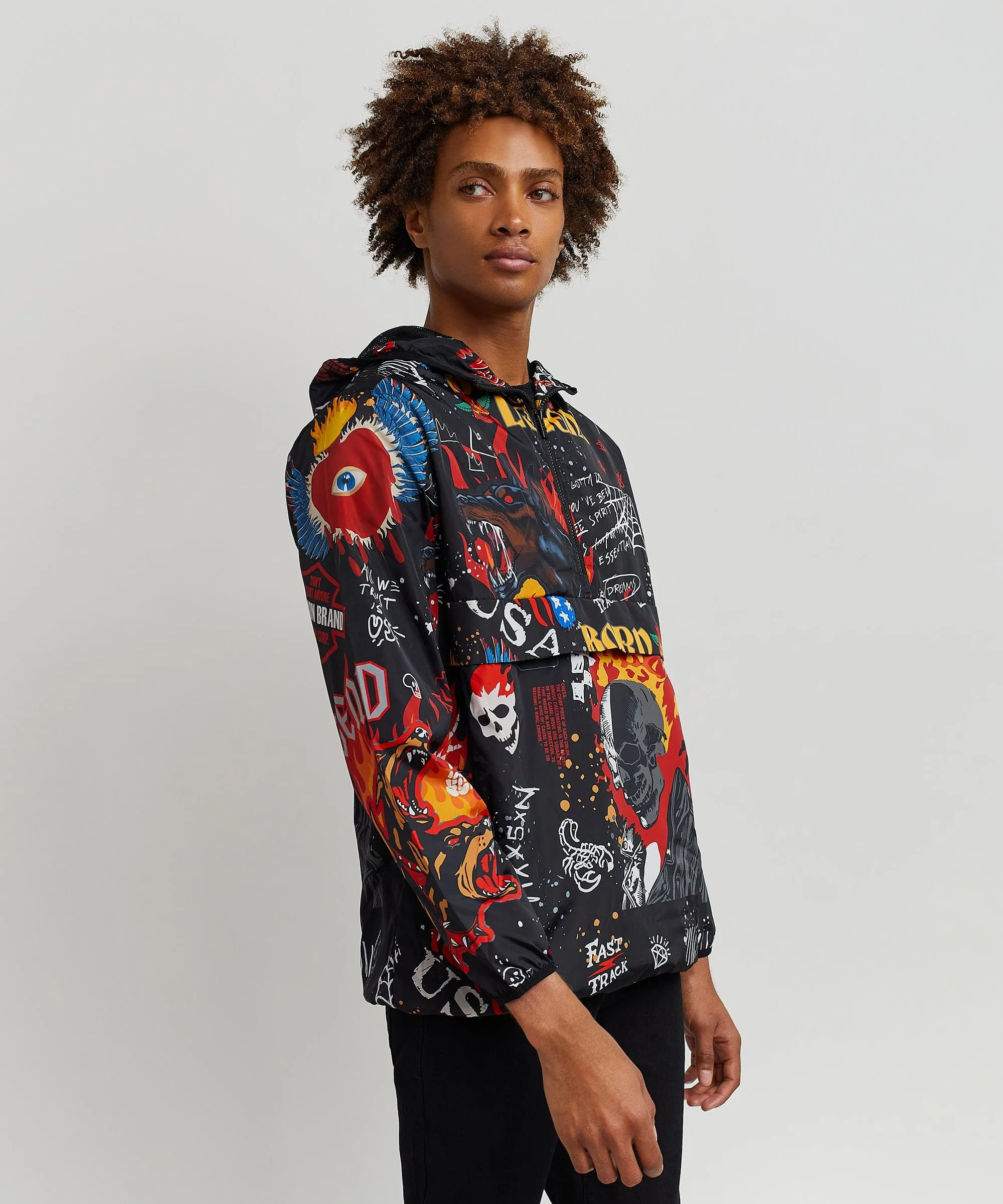 Move In Silence Flame Skull Print Half-Zip Anorak