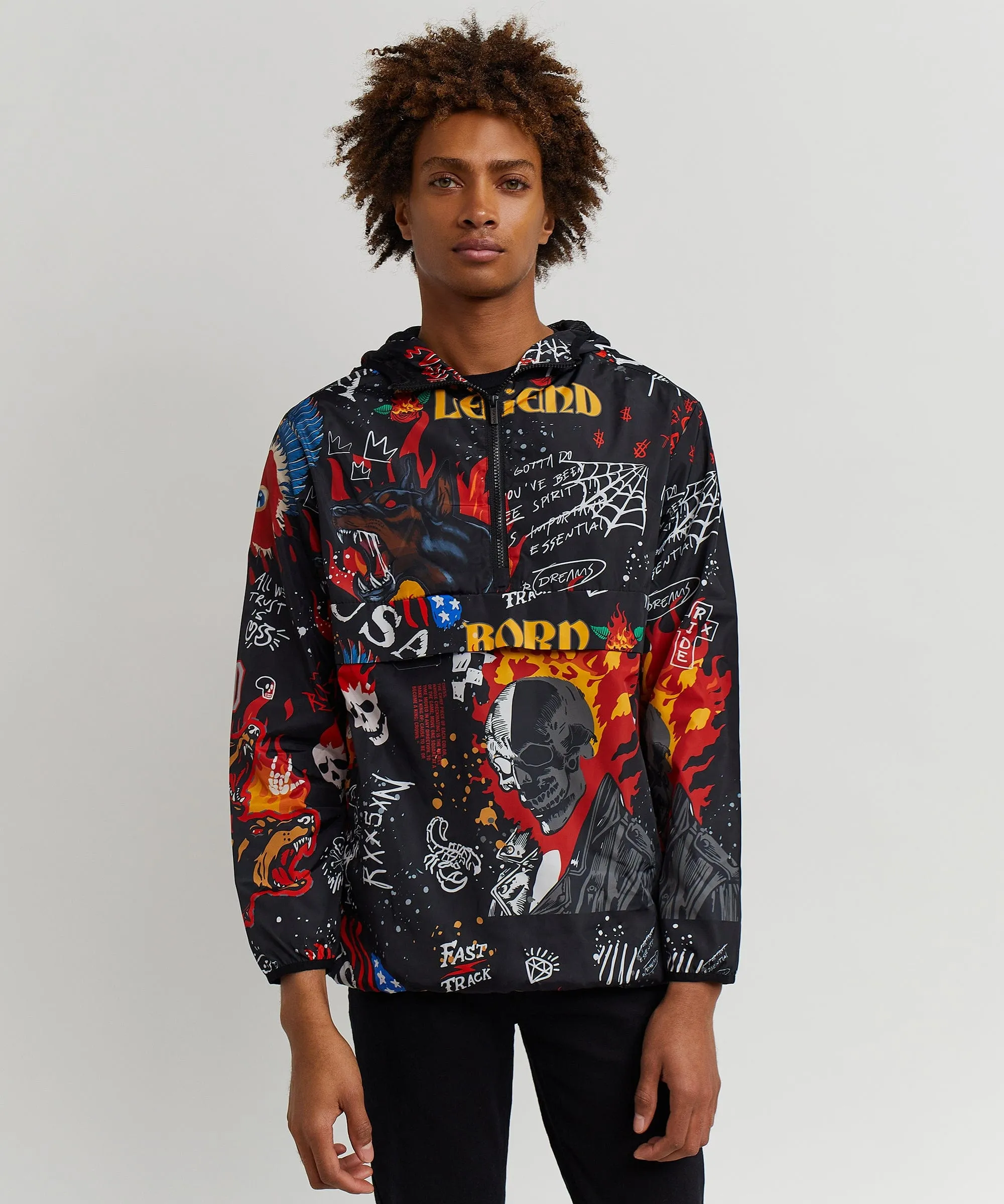 Move In Silence Flame Skull Print Half-Zip Anorak