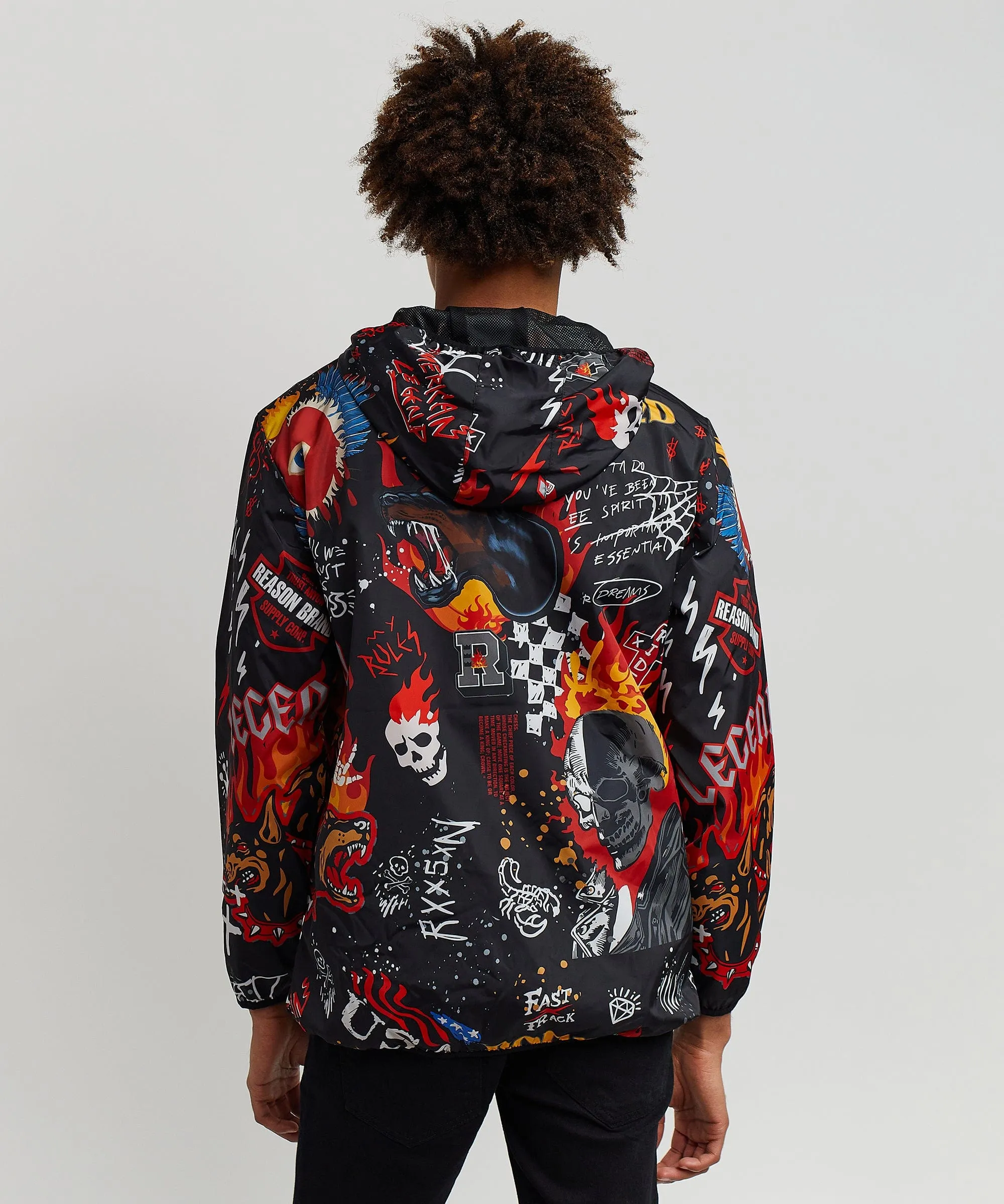 Move In Silence Flame Skull Print Half-Zip Anorak