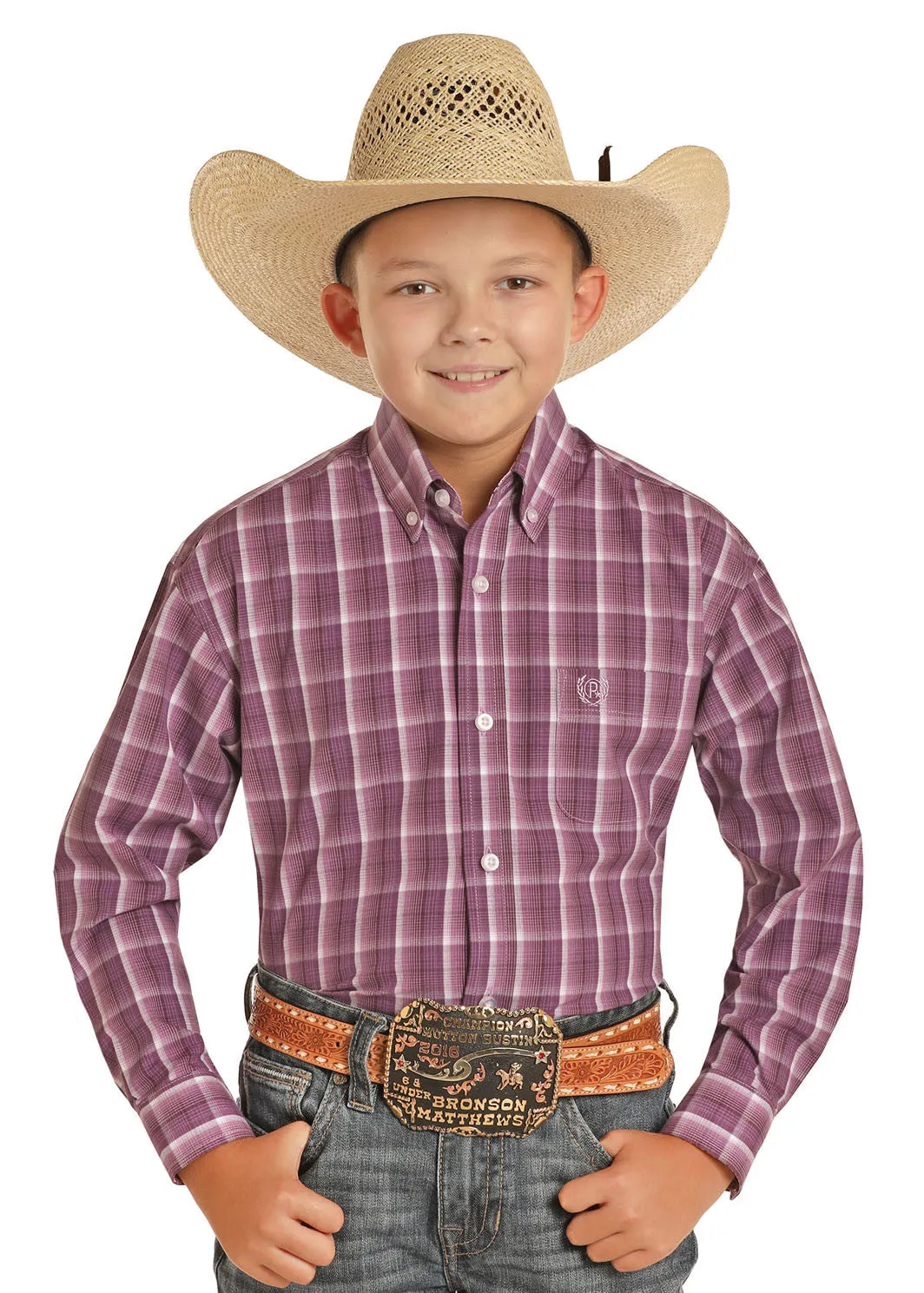 Panhandle Slim® Boy's Checks Of Orchid Long Sleeve Button Front Western Shirt